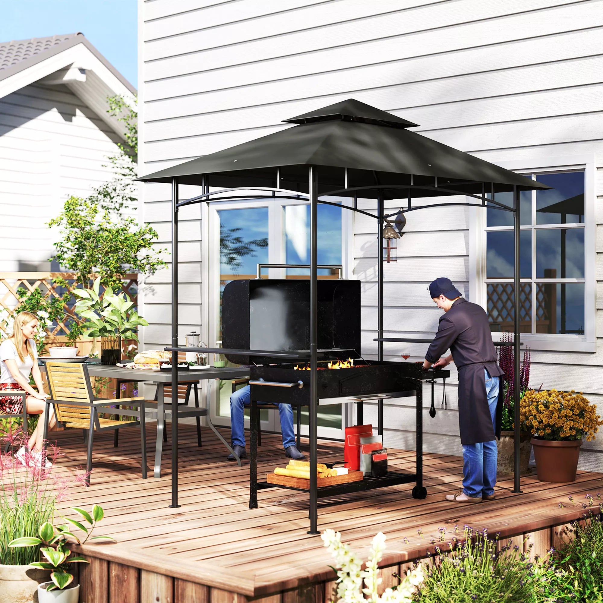 Grill paviljonas su LED 240 x 150 x 258 cm, atsparus vandeniui, ugniai atsparus Sodo paviljonas su dvigubu stogu