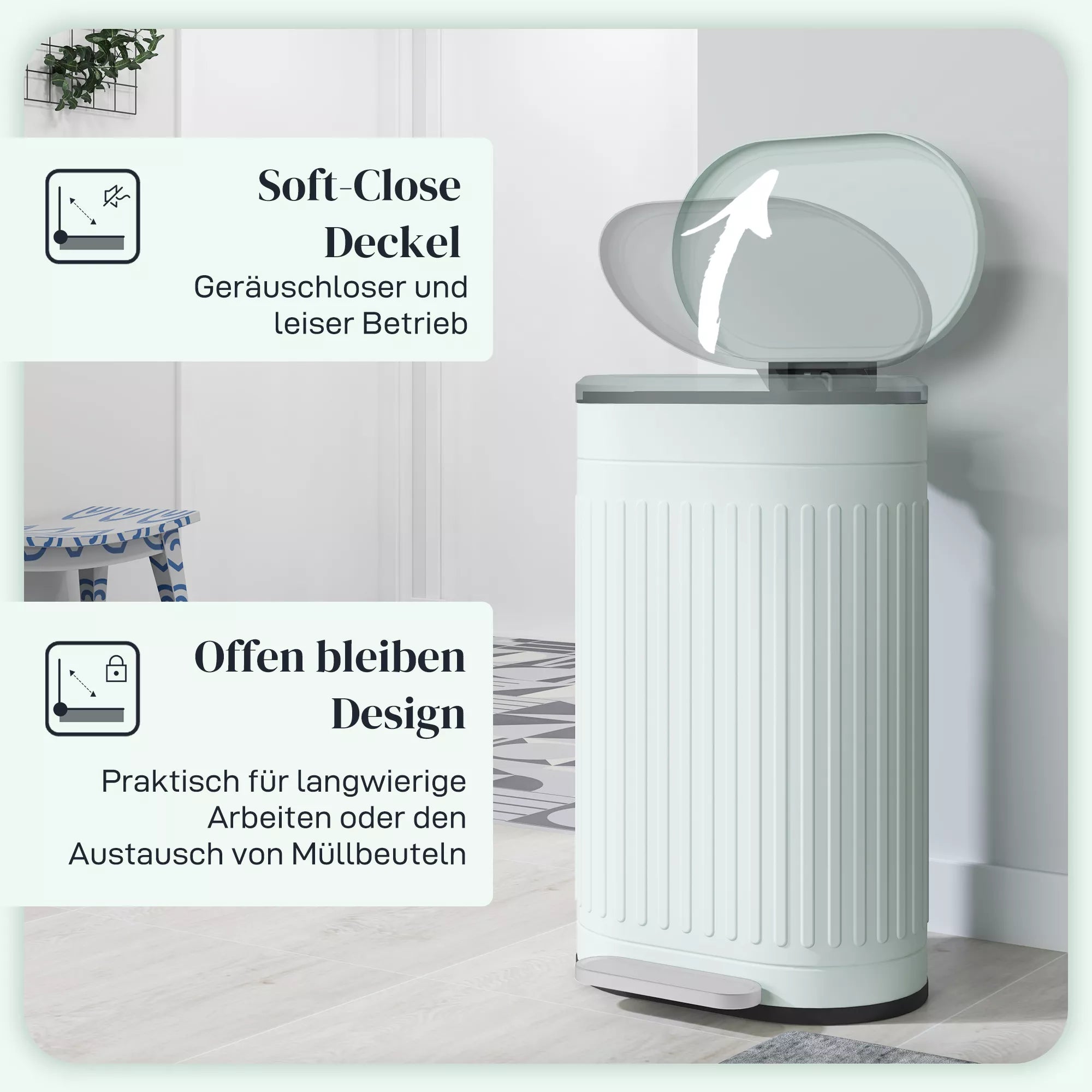 Šiukšliadėžė 30 l, su dangčiu, pėdos pedalu, išimamu vidiniu kibiru, „Soft-Close“ funkcija, 36,5 x 31,2 x 60,8 cm, žalia