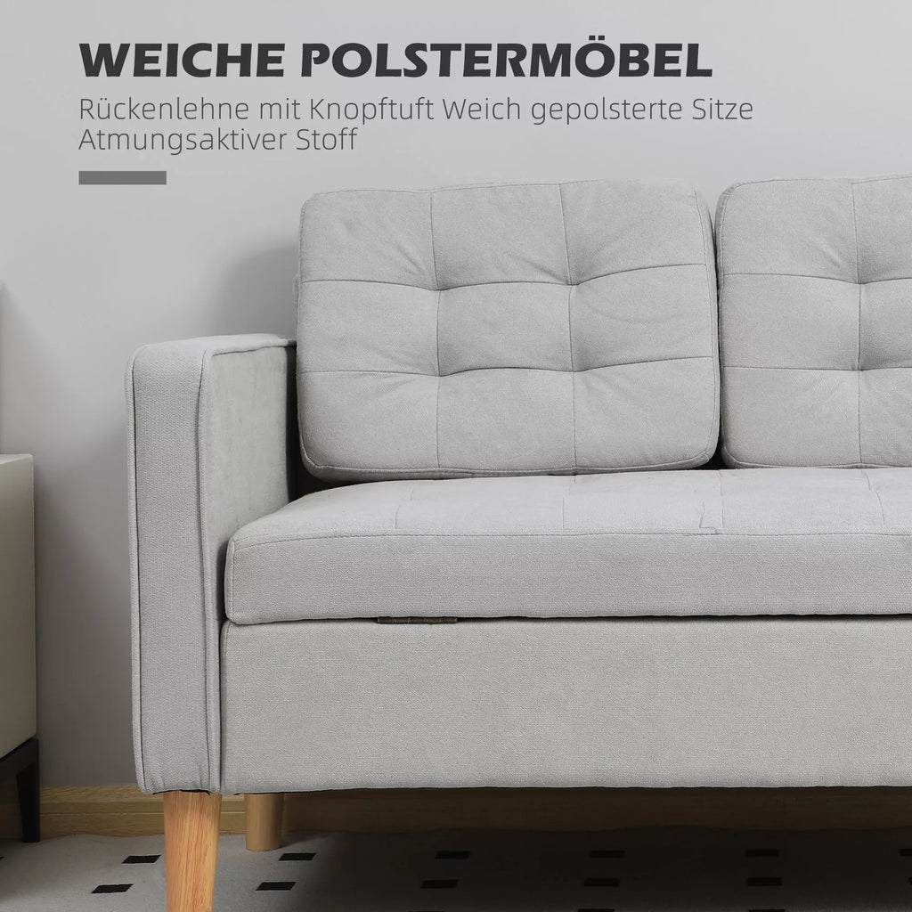 Dvivietė sofa su daiktų laikymo vieta, sagų siuvinėjimu, pagalvėlėmis, kaučiuko medžio mediena, 117x62x78 cm, šviesiai pilka