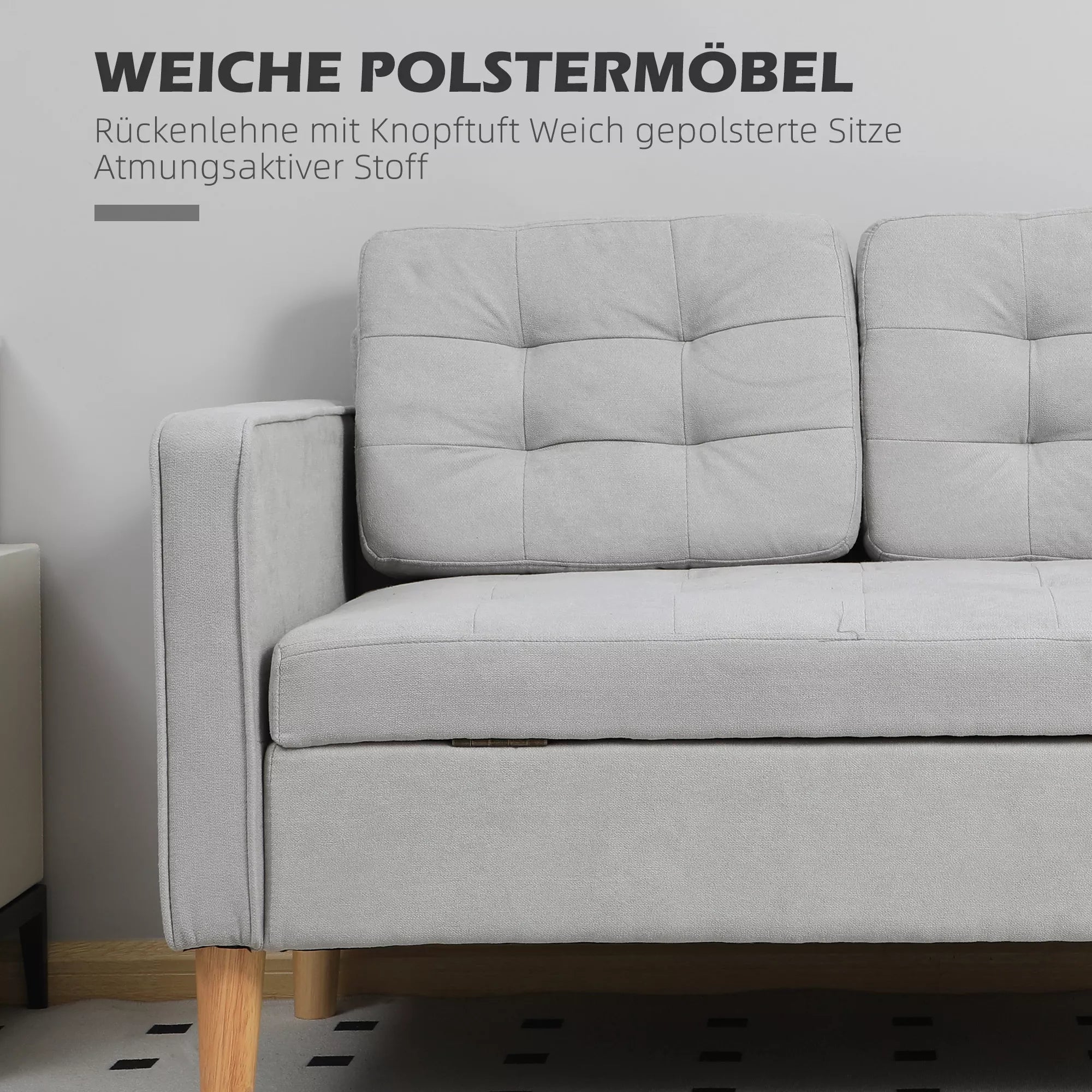 Dvivietė sofa su daiktų laikymo vieta, sagų siuvinėjimu, pagalvėlėmis, kaučiuko medžio mediena, 117x62x78 cm, šviesiai pilka