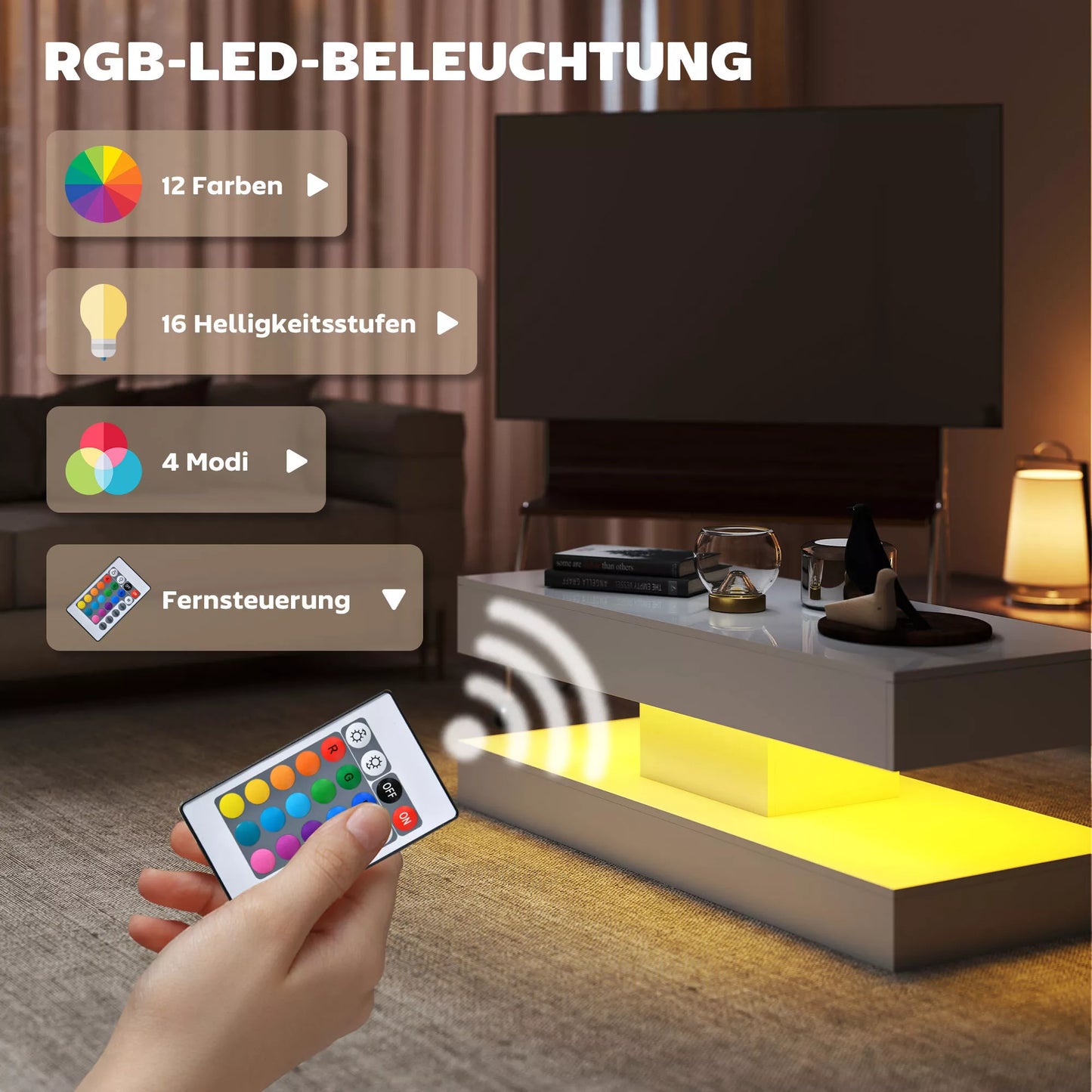 Svetainės stalas su stalčiais ir LED apšvietimu, modernus sofos stalas su atvira lentynėle, kavos stalas, medžio drožlių plokštė, baltas