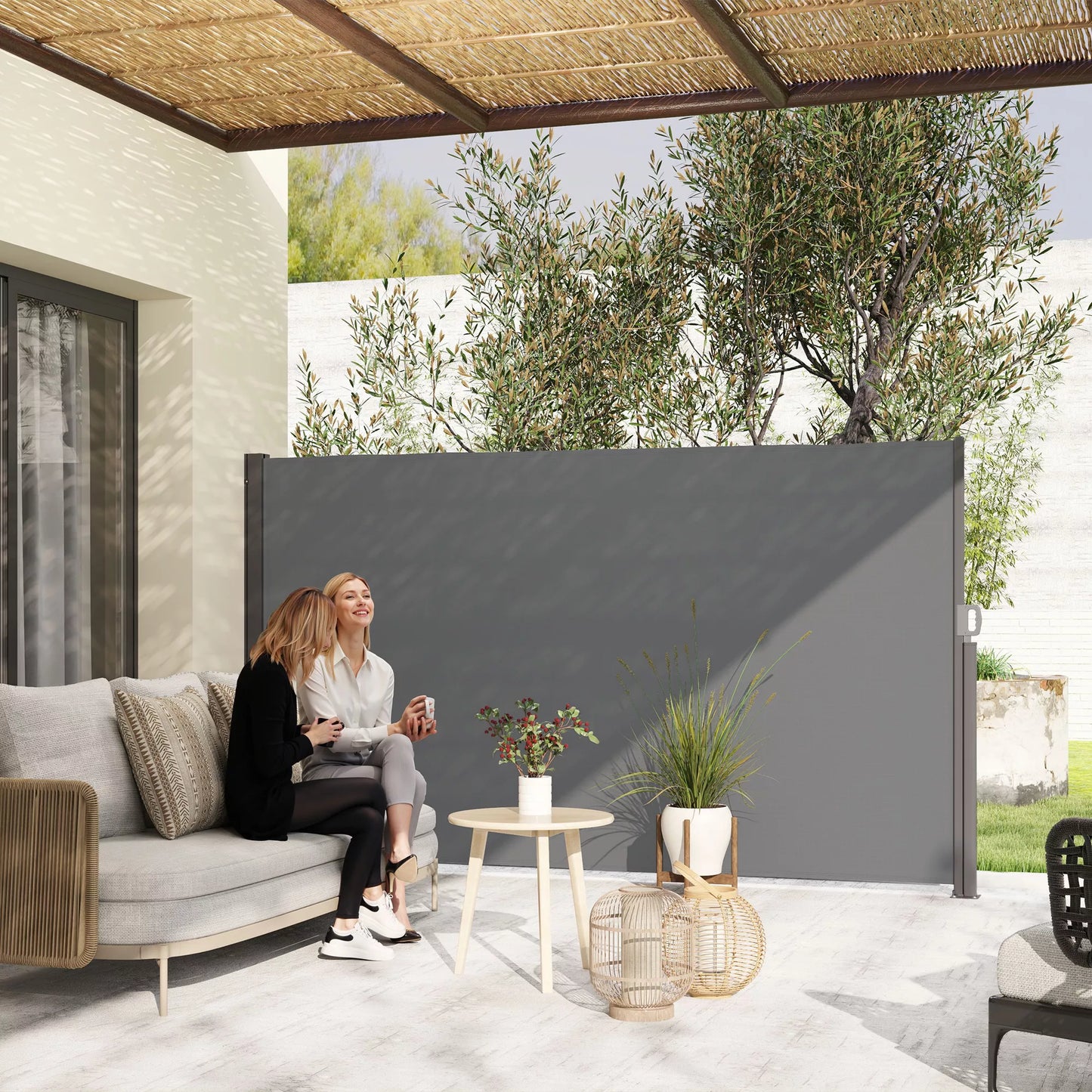 Ištraukiama šoninė markizė, nepermatoma, skirta privatumui su sieniniu laikikliu, padengta, 300x180cm, tamsiai pilka