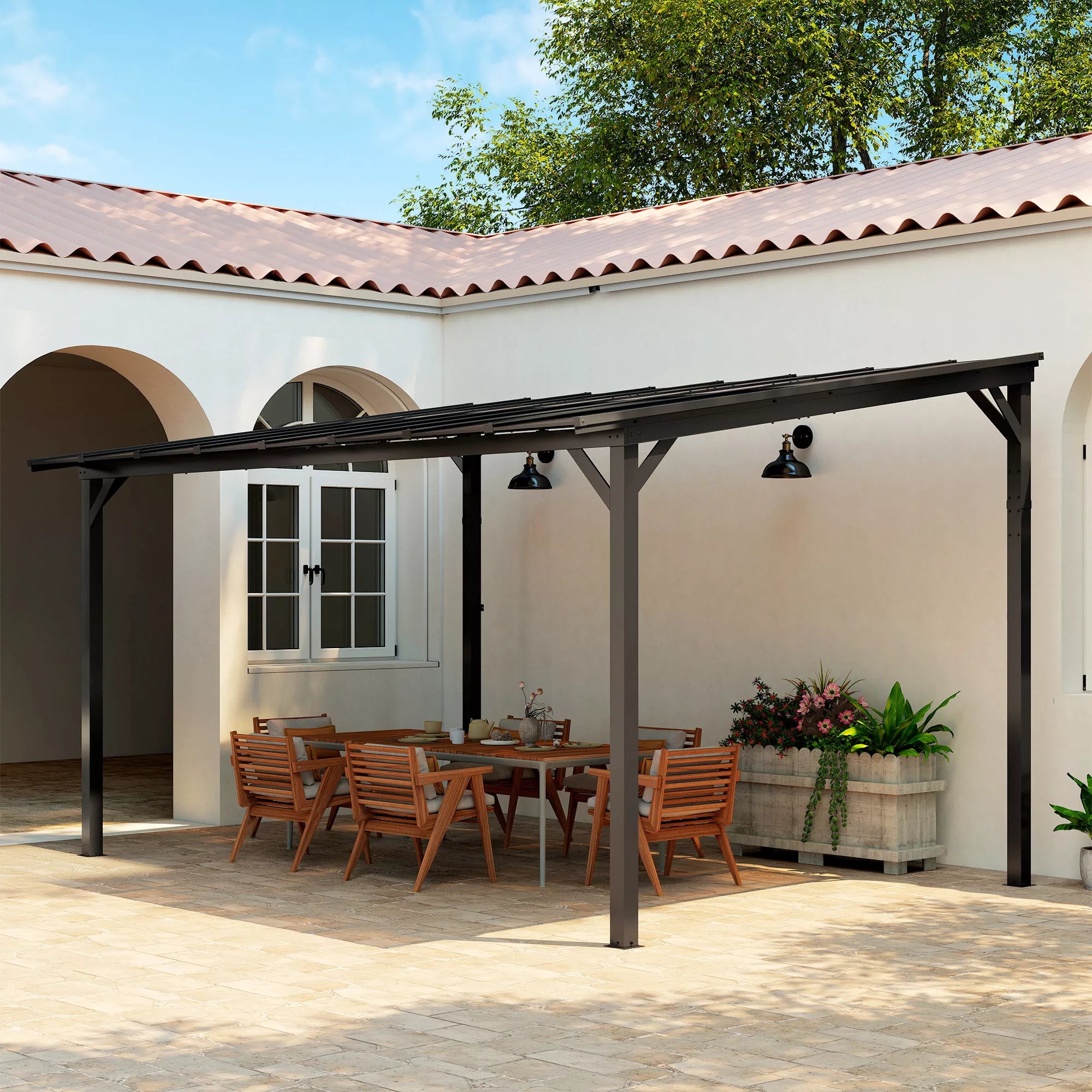 Terasos pergola prie sienos su polikarbonato stogu, aliuminio konstrukcija, 428 x 294 x 258 cm, tamsiai pilka