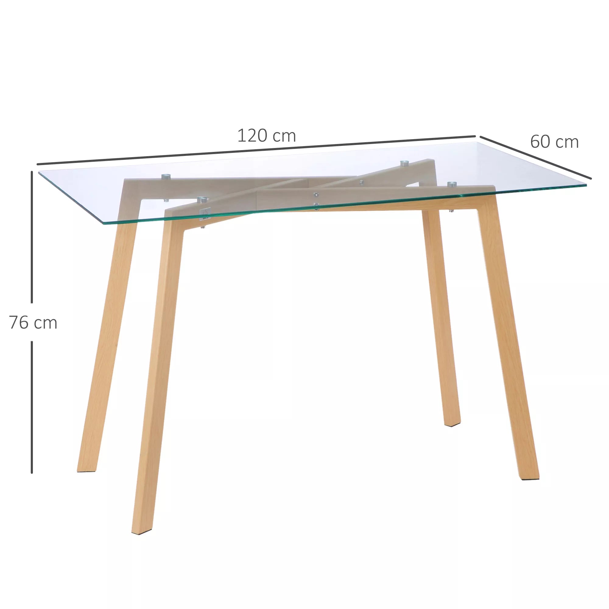 Valgomojo stalas 4 asmenims, stiklinis stalviršis, plieninis rėmas, medžio imitacija, 120L x 60B x 76H cm
