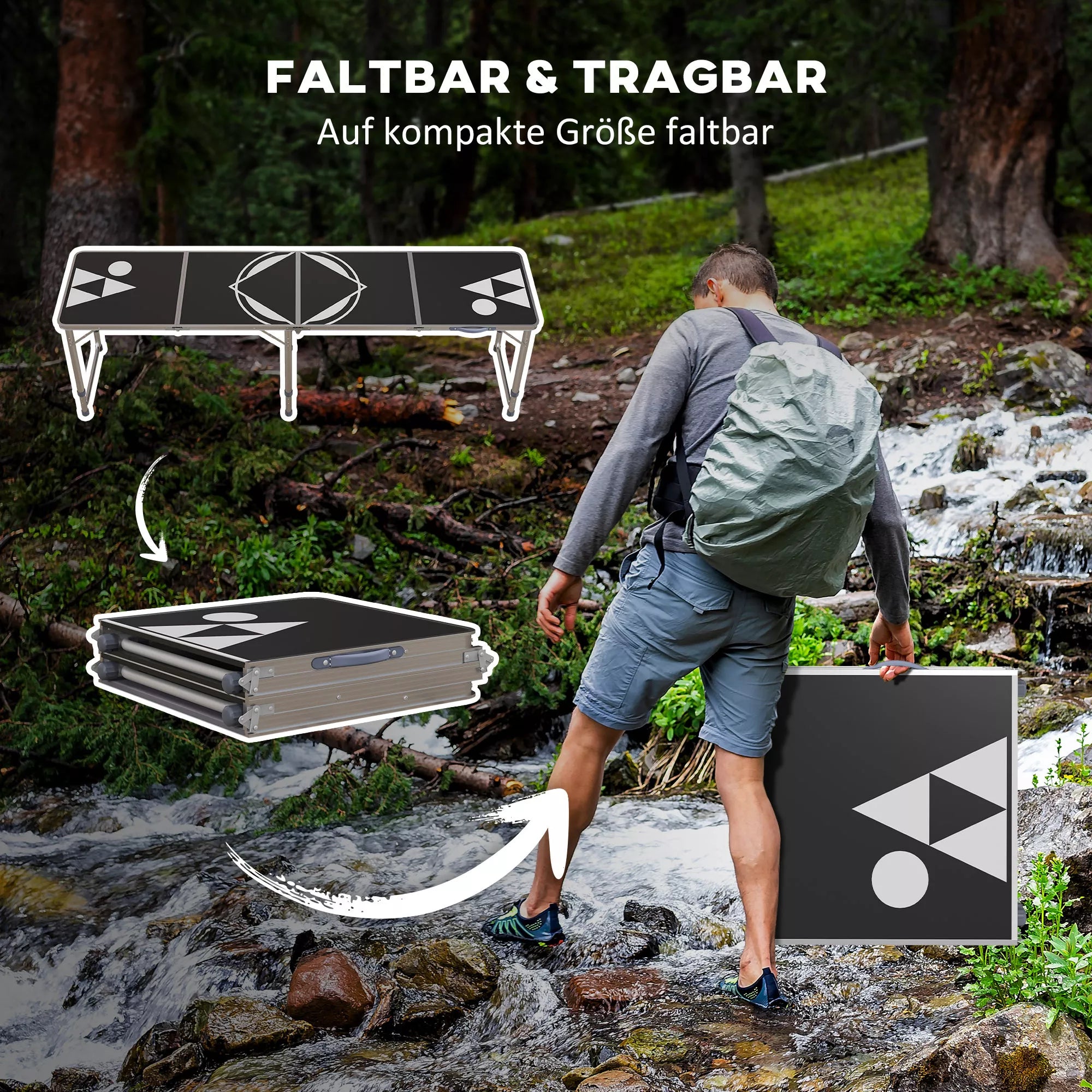 Kempingo stalas, sulankstomas, lengvas, reguliuojamo aukščio, su aliuminio rėmu, 240 x 60 x 54/62/70 cm, juodos spalvos