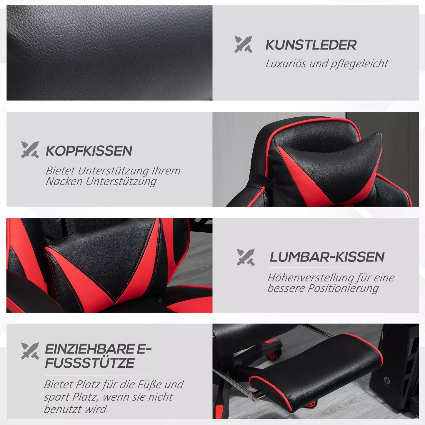 Ergonomiška biuro kėdė, žaidimų kėdė, sukama kėdė su įtraukiama kojų atrama ir reguliuojamu atlošu. Putplastis+PU oda+Metalas, Juoda+Raudona, 65 x 70 x 118,5-128,5 cm