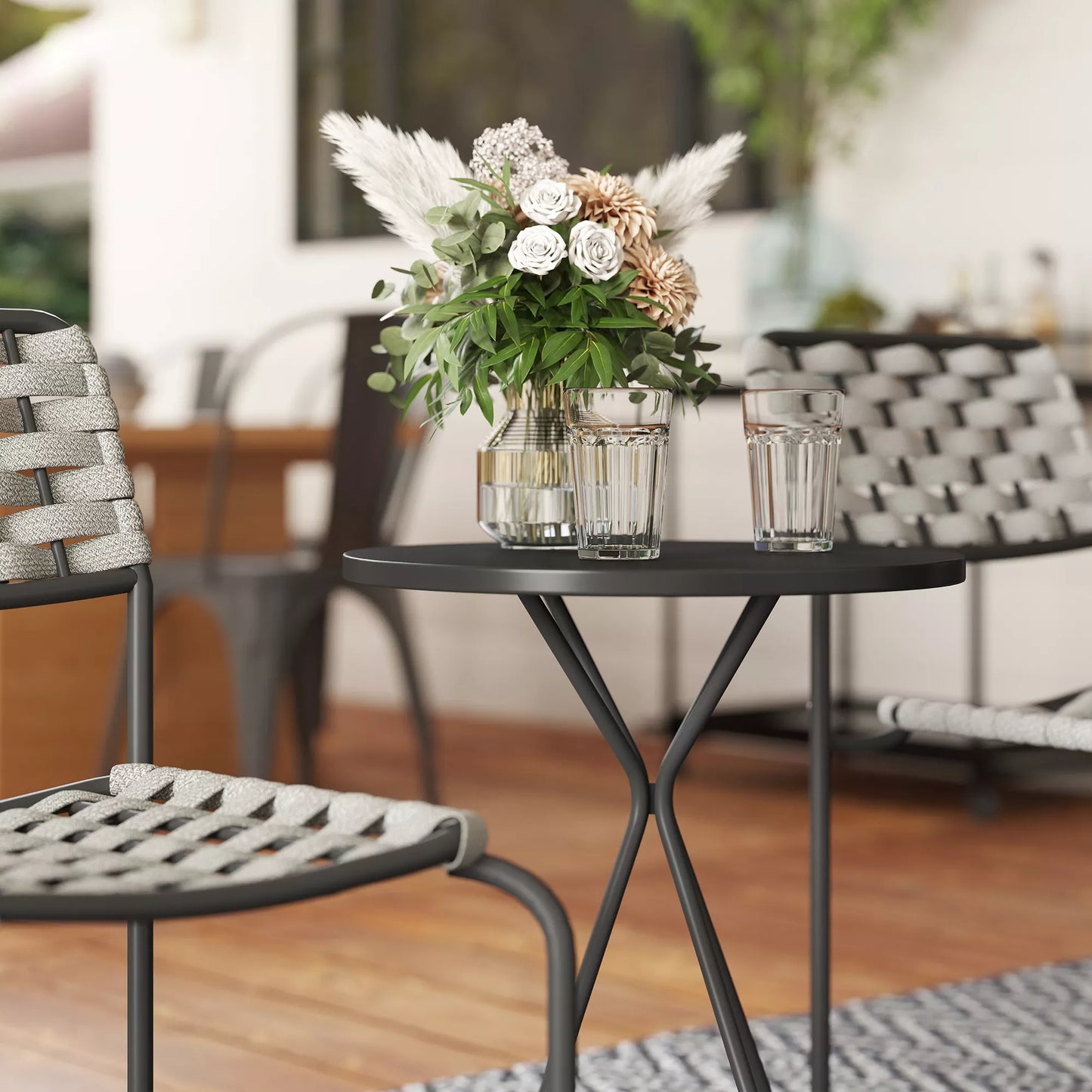 Poliratano lauko baldų komplektas, 2 asmenims, 3 dalys: 2 kėdės, staliukas, pilkos spalvos