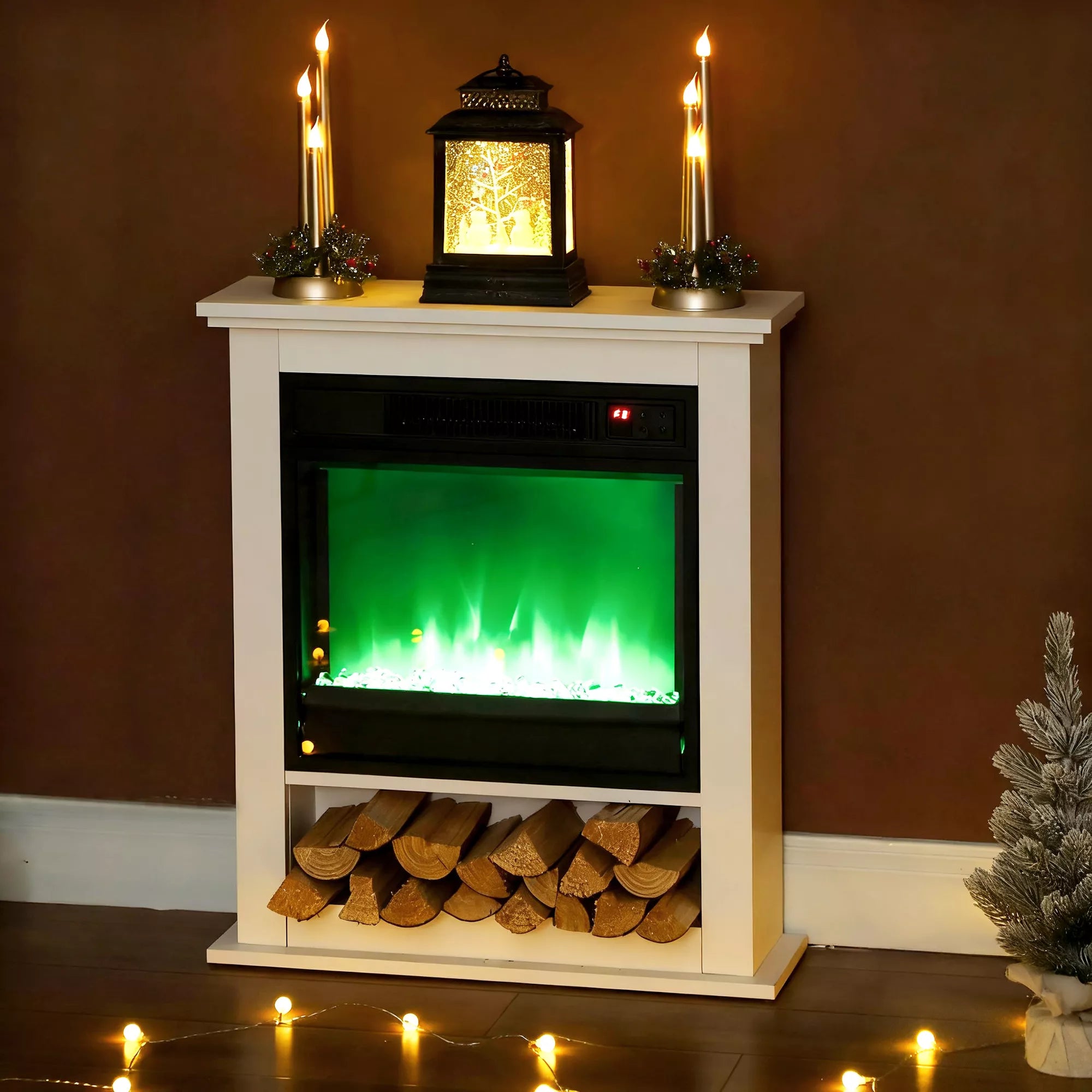 Elektrinis židinys, 9 spalvų realistinis liepsnos efektas, reguliuojamas ryškumas, 1800W, su nuotolinio valdymo pulteliu, laikmatis, baltas