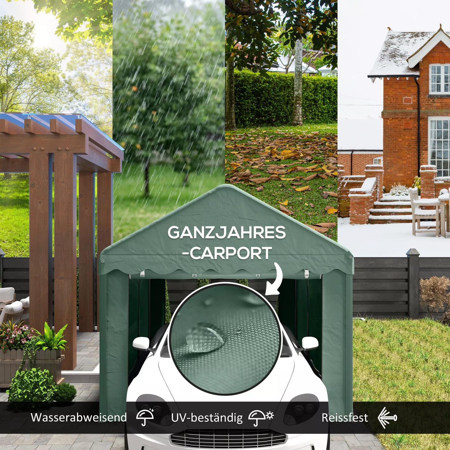 3x6 m Nešiojamas garažas, transporto priemonių stoginė su 2 įėjimais, poliesterio stogas, skirtas automobiliams, valtims, sodo įrankiams, tamsiai žalia spalva