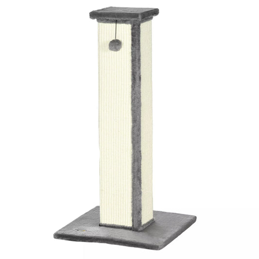 Kačių draskyklė, su žaidimo kamuoliuku, pliušas, sizalis, 41 cm x 41 cm x 81 cm, kreminė + pilka