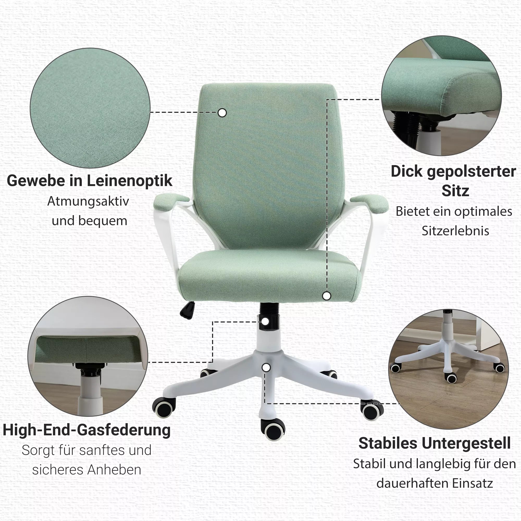 Biuro kėdė Rašomojo stalo kėdė Namų biuro kėdė su svyravimo funkcija aukščio reguliavimo atlošas storai paminkštintas ergonomiškas 360° pasukami ratukai Poliesteris Nailonas PP Žalia+Balta 62x69x92-100 cm