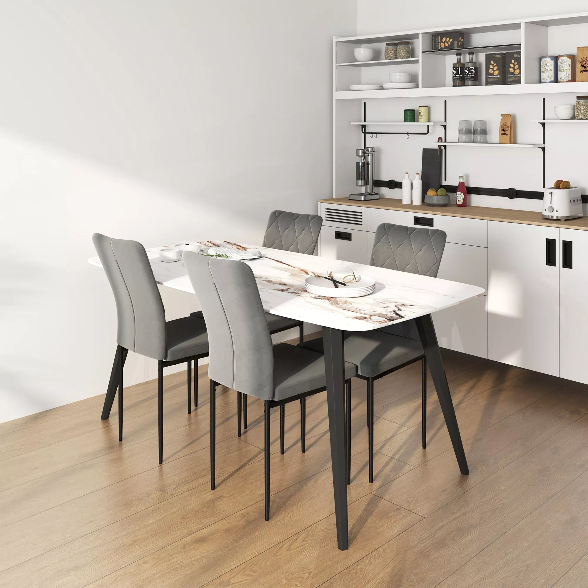 4 vnt. komplektas valgomojo kėdžių aksomo išvaizdos, modernios paminkštintos kėdės su metalinėmis kojomis, valgomajam, miegamajam, virtuvei, pilkos