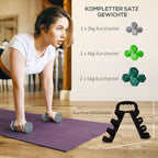 Infografika su pilkų ir žalių hantelių rinkinio sudėtimi: 2x3kg, 2x4kg, 2x5kg ir stovas