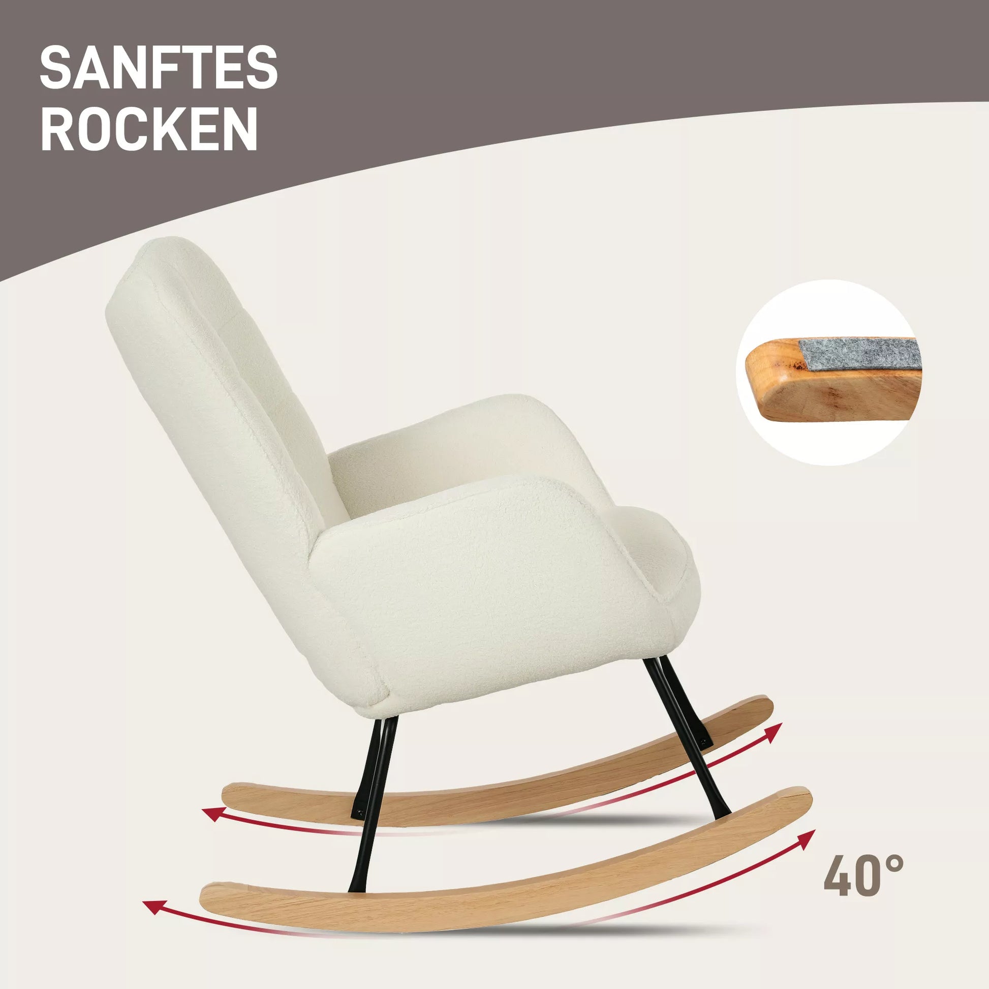 Sūpynės kėdė su atlošiamais porankiais, ergonomiška kėdė su mediniais slidžiais, skirta svetainei, miegamajam, balta