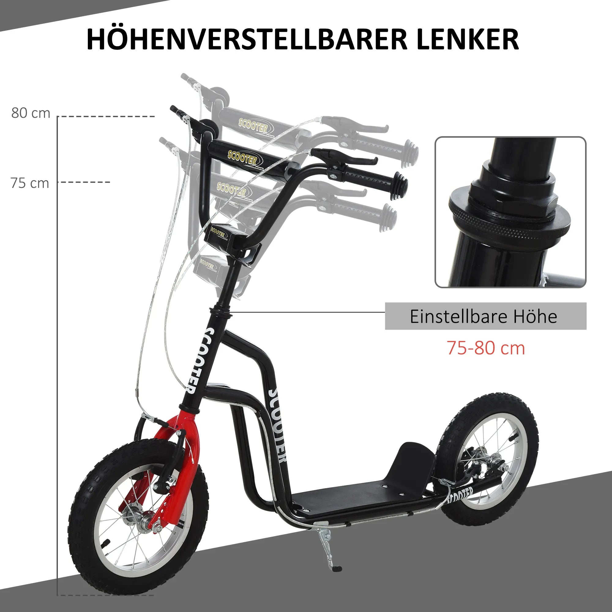 Vaikų paspirtukas Reguliuojamas vairas Paspartukas Miesto paspirtukas Vaikų paspirtukas Kickboard su pneumatinėmis padangomis 12 colių nuo 5 metų Juodas 120 x 58 x 75-80 cm