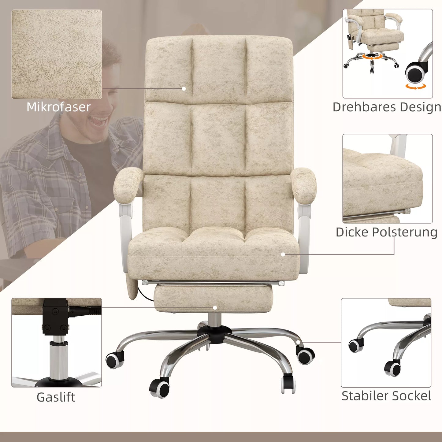 Biuro kėdė su masažo ir šildymo funkcija, ištraukiama atrama kojoms, reguliuojama, iki 120kg, smėlio spalvos.