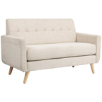 Smėlio spalvos dvivietė sofa su medinėmis kojelėmis