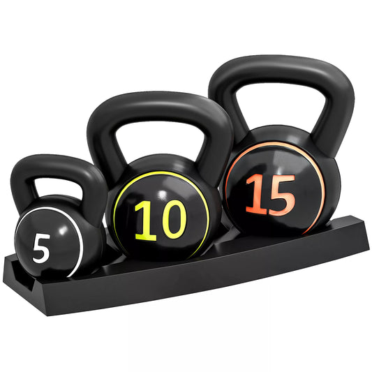 SPORTNOW Kettlebell rinkinys, 3 svareliai 2,2kg/4,5kg/6,8kg, plastikinis apvalkalas, juodas