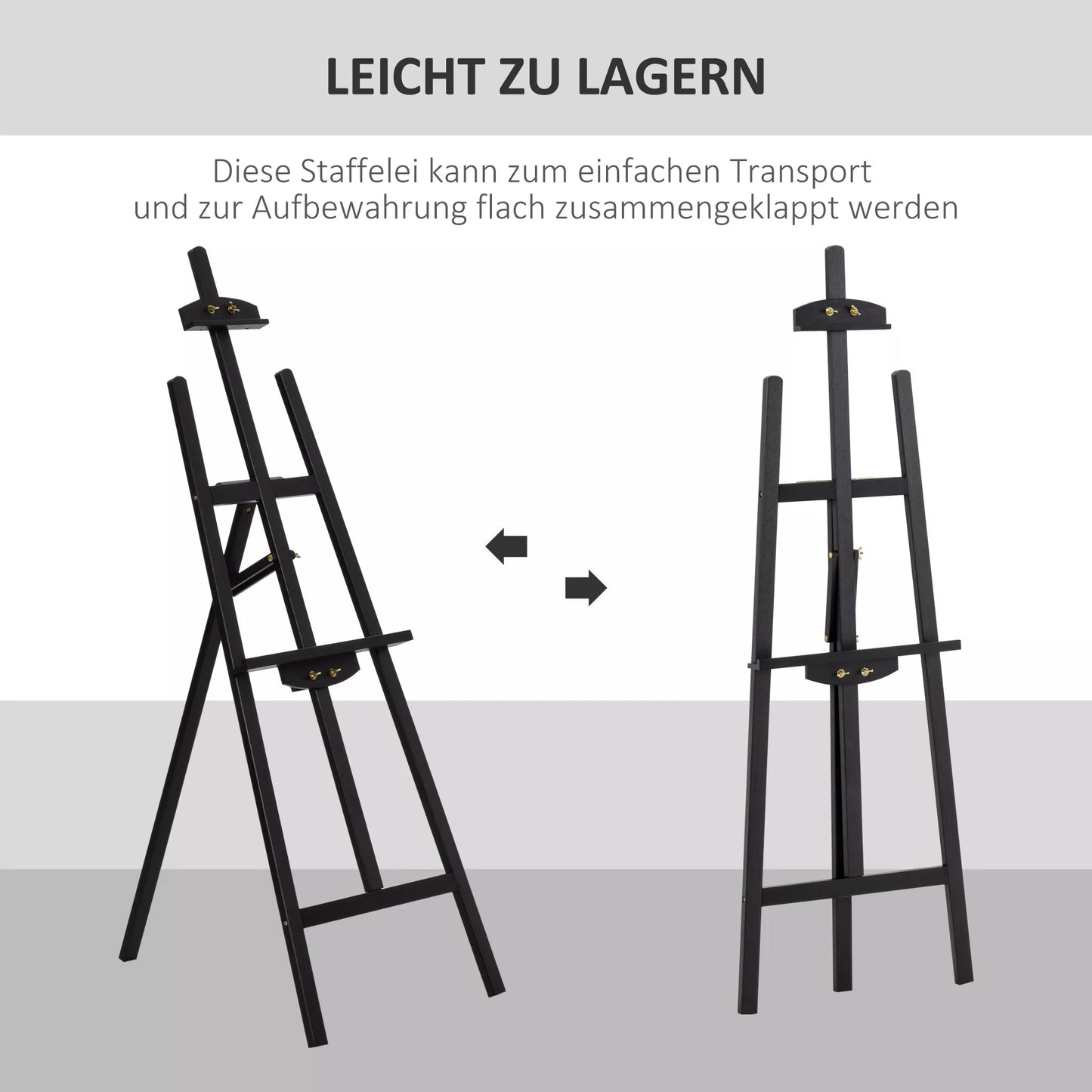 Medinis stovas 134,5 cm aukščio, skirtas drobėms iki 108 cm, studijinis/lauko stovas tapybai, eskizams, vestuvėms, parodoms, juodos spalvos