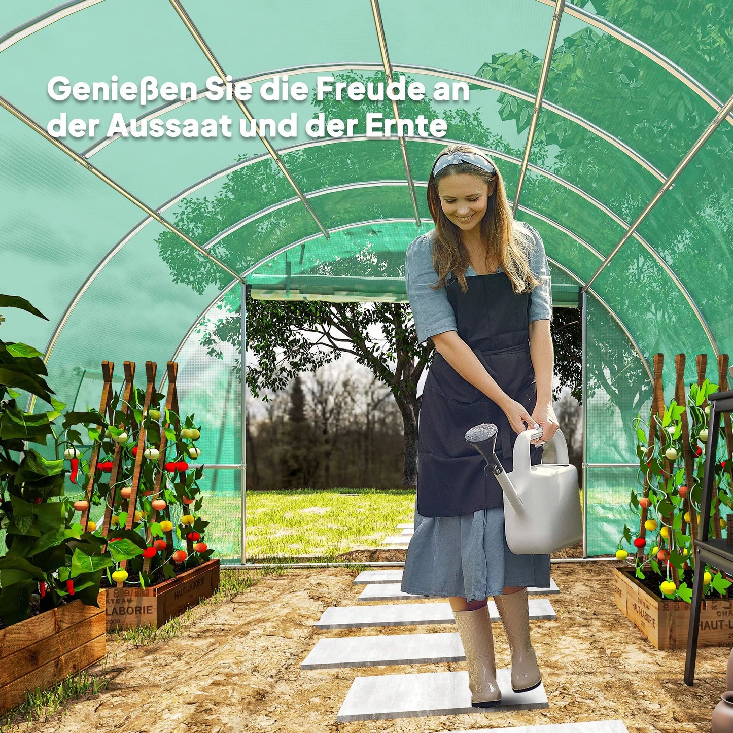 Polytunnel tipo šiltnamis su plastikiniu uždangalu ir plieniniu rėmu, vaikščiojama šiltnamio palapinė su atveriamomis durimis, žalias