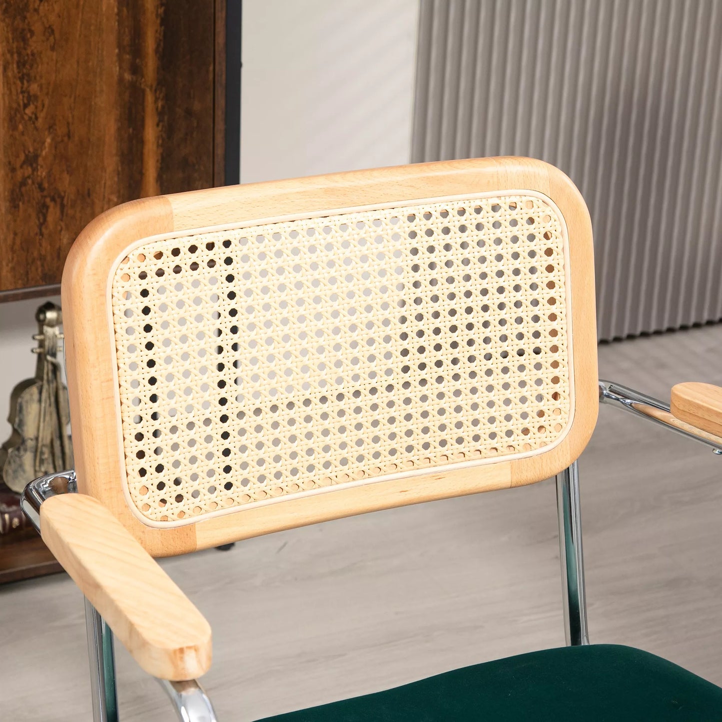 Biuro kėdė, Boho dizainas, mediniai porankiai, sukama, reguliuojama, iki 120 kg, plienas, žalia