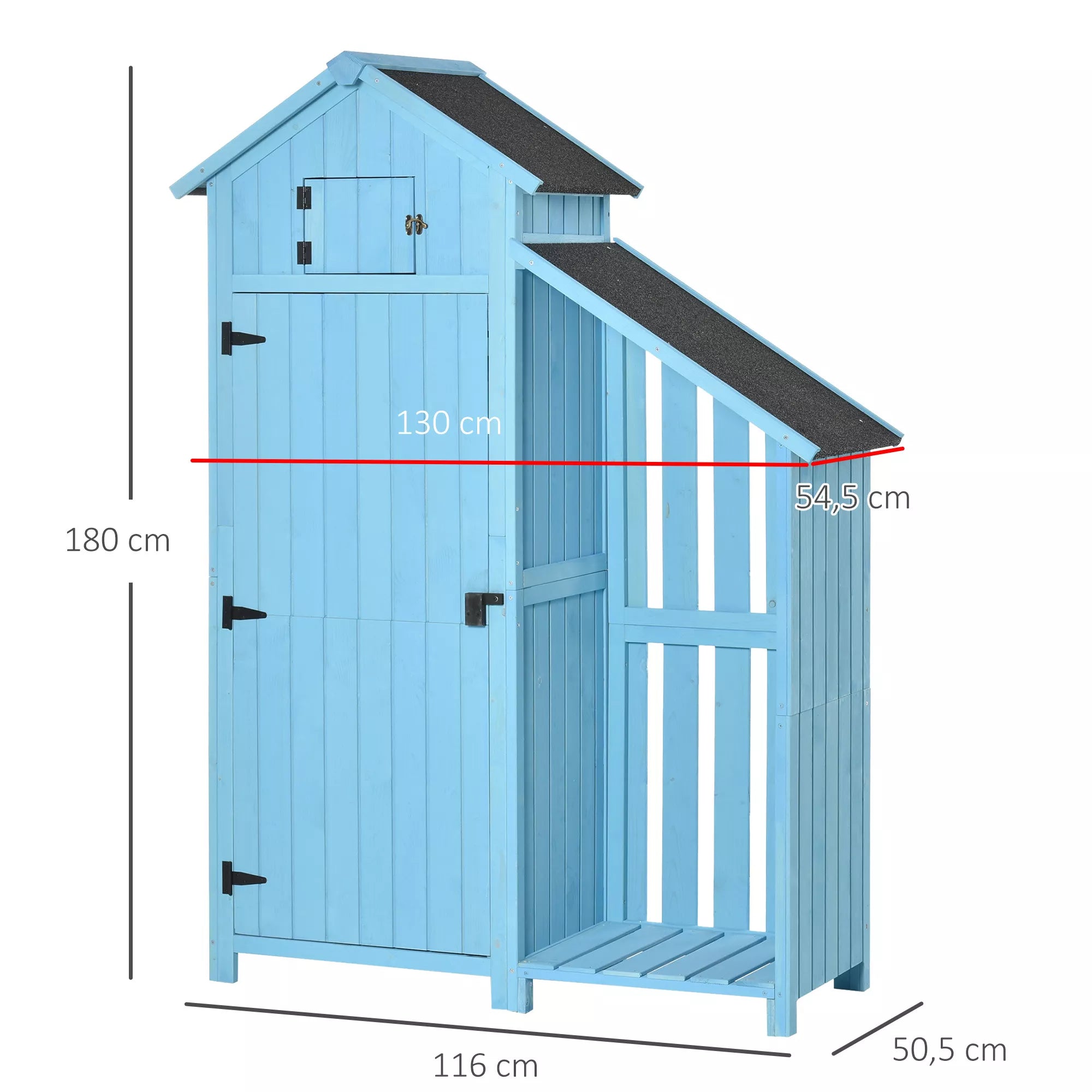 Sodo namelis Įrankių namelis Įrankių namelis su malkų sandėliu Įrankių namelis su 3 lentynomis Asfalto stogas Eglės mediena Dangaus mėlynumo 130 x 54,5 x 180 cm