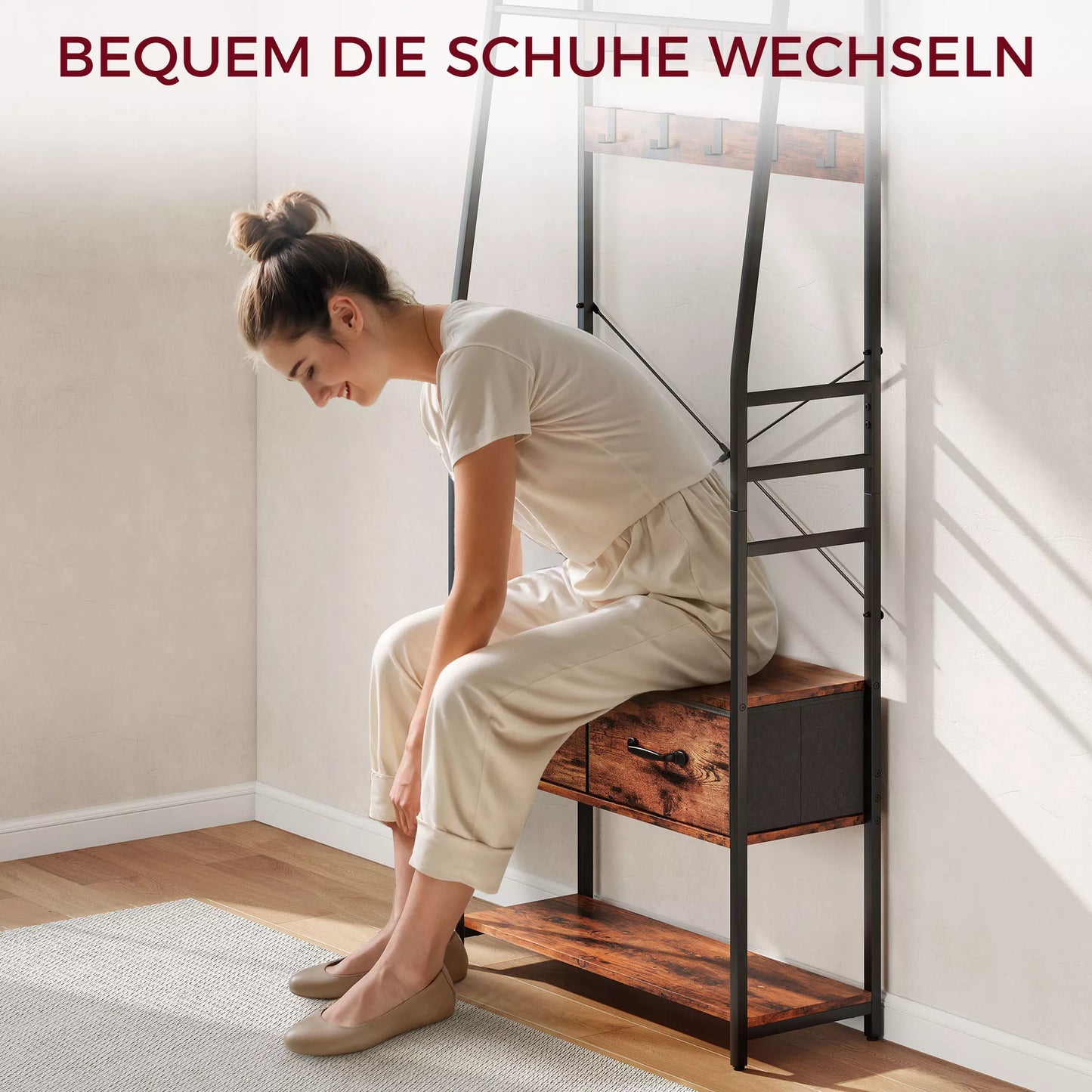 Drabužių kabykla su batų lentyna, palto stovas su suoliuku, 10 kabliukų, 2 audinių stalčiai, drabužių strypas, medžio drožlių plokštė, metalas, ruda