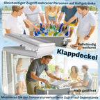 Pakeliamas šaldytuvo dangtis, viduje matomi gėrimai tarp ledo kubelių
