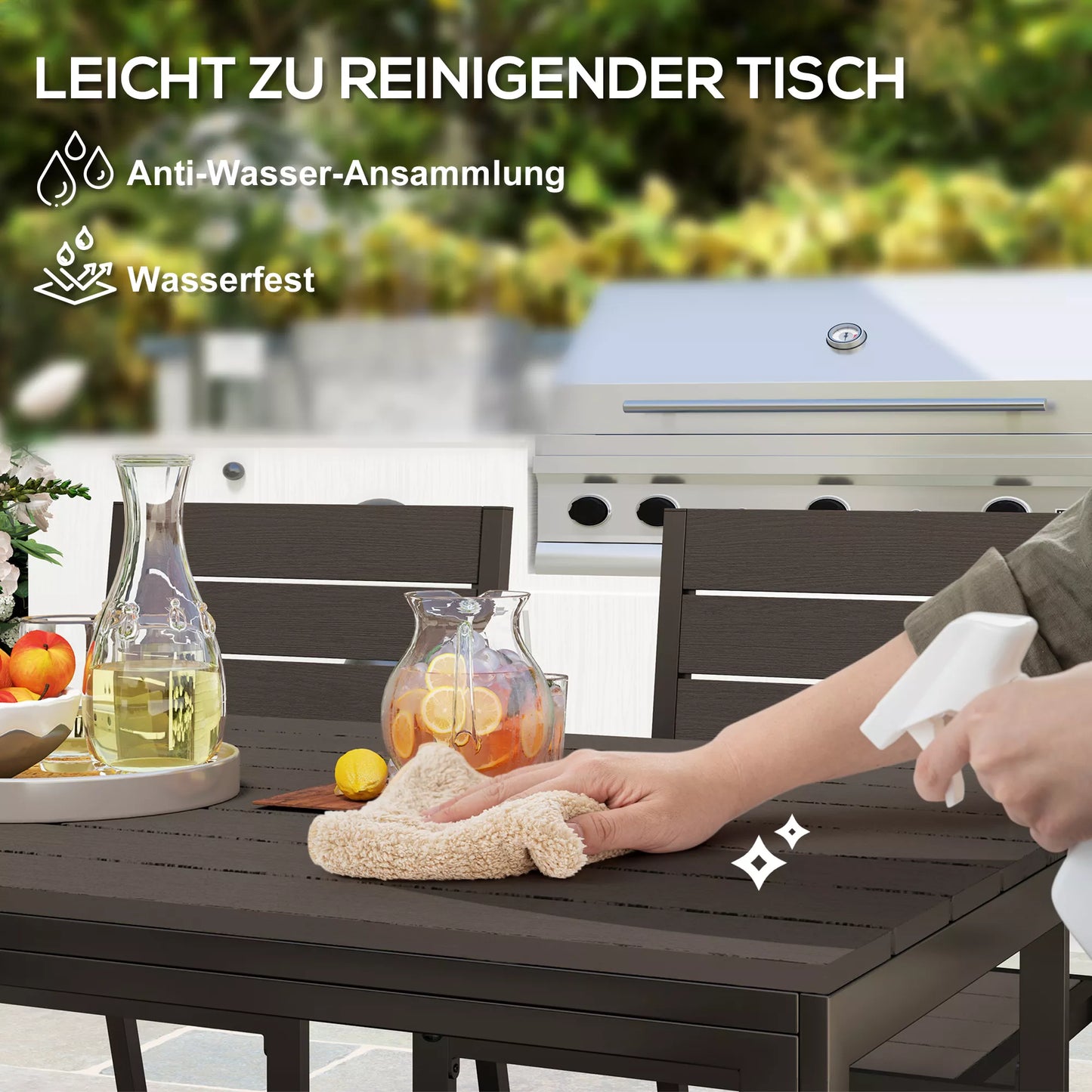 7 dalių sėdimoji grupė, valgomojo komplektas 6 asmenims, valgomasis stalas su 6 kėdėmis, stalas su grioveliais, tamsiai rudas