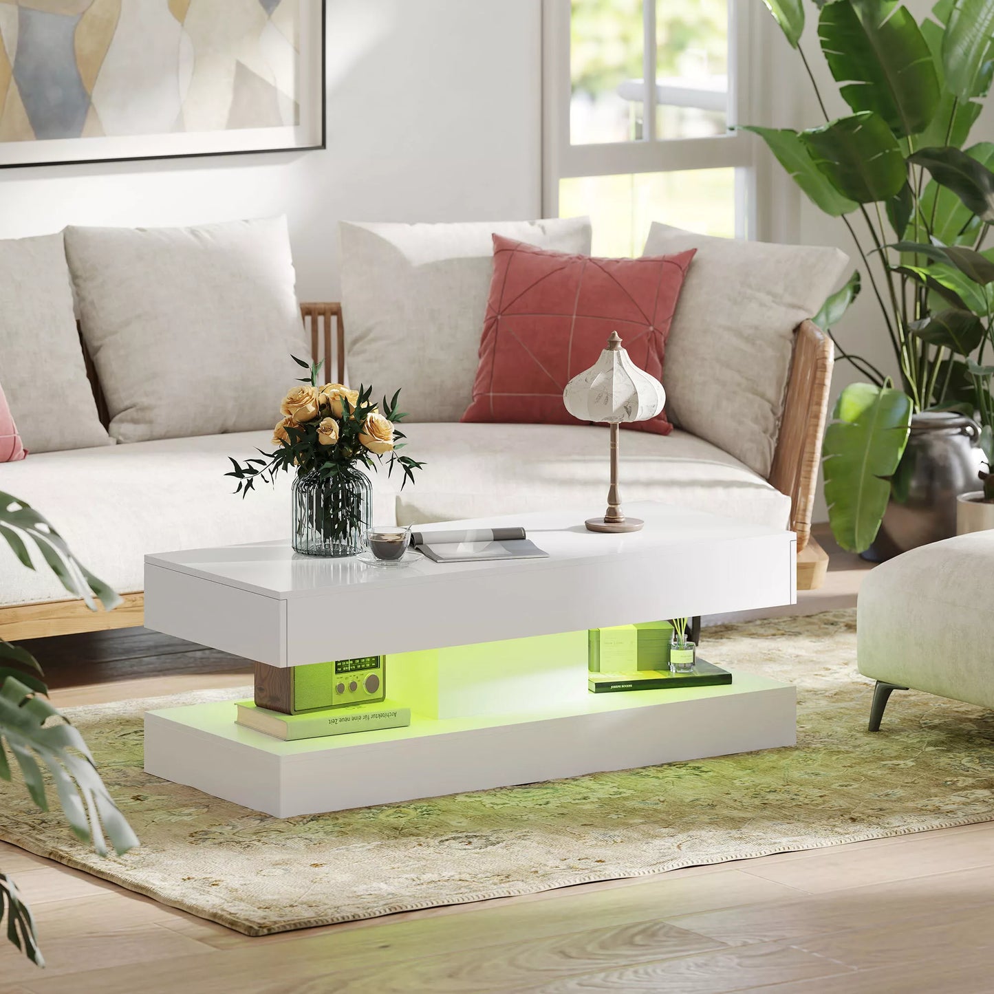 Svetainės stalas su stalčiais ir LED apšvietimu, modernus sofos stalas su atvira lentynėle, kavos stalas, medžio drožlių plokštė, baltas