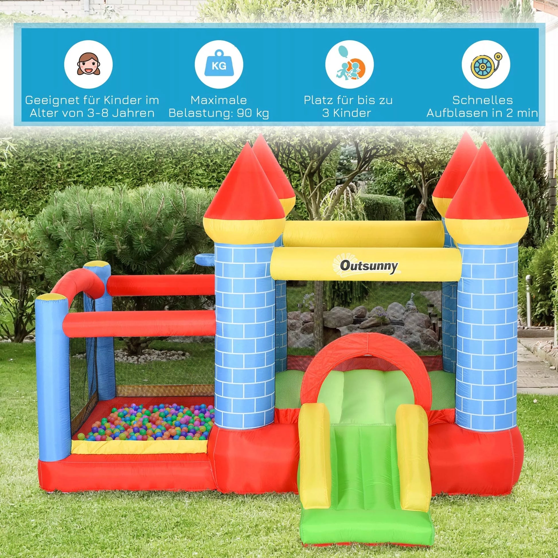 Pripučiamas batutas su čiuožykla Baseinas 3 vaikams Pilis su ventiliatoriumi 3–8 metų vaikams Raudona + mėlyna + žalia 280 x 260 x 210 cm