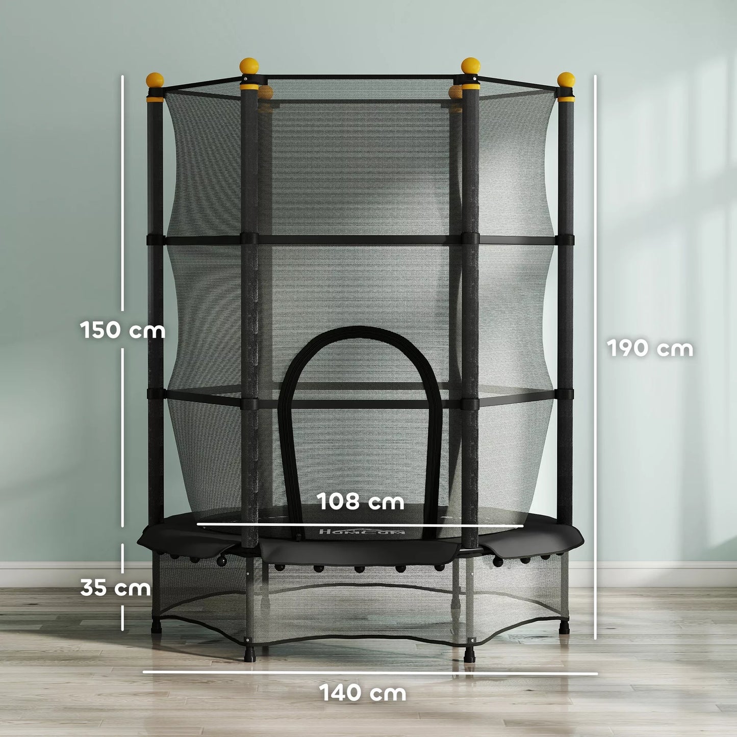 Trampolinas vaikams, Ø140 cm, su apsauginiu tinklu, skirtas naudoti viduje ir lauke, plienas, plastikas, atlaiko iki 50 kg svorį, juodos spalvos