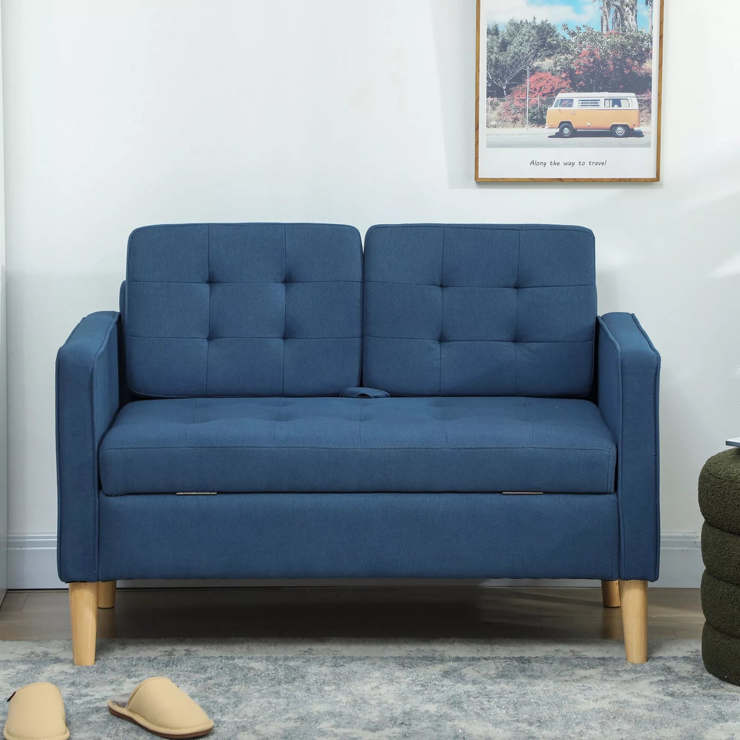 Dviejų vietų sofa su daiktadėže, sagomis apsiūta, pagalvėlės, kaučiukmedžio mediena, 117x62x78cm, mėlyna