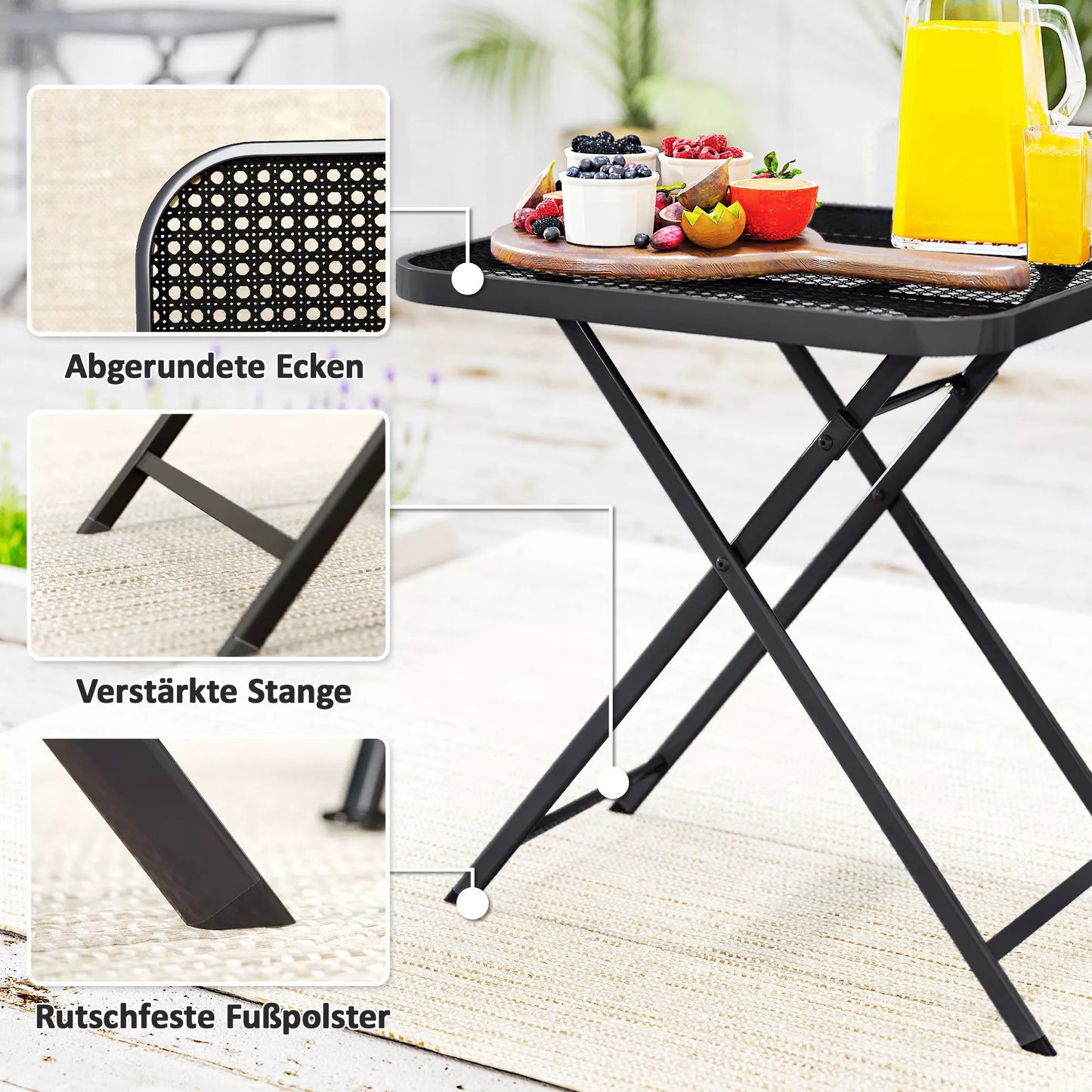 Skleidžiamas sodo stalas 70 x 70 cm, atsparus atmosferos poveikiui Balkono stalas Skleidžiamas stalas su iškirptėmis, kvadratinis, juodas