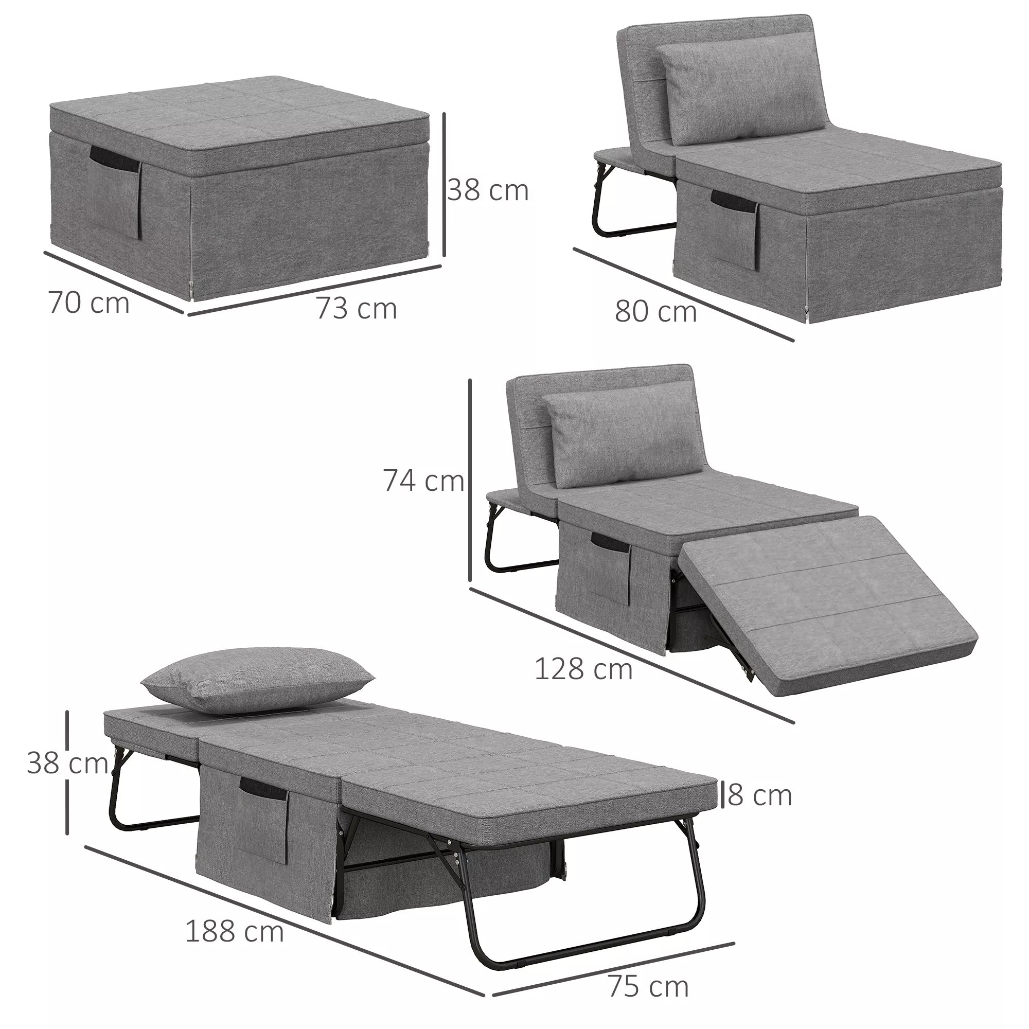 Sulankstomos lovos schema su matmenimis 188, 128, 75 ir 73 cm bei keturios formos