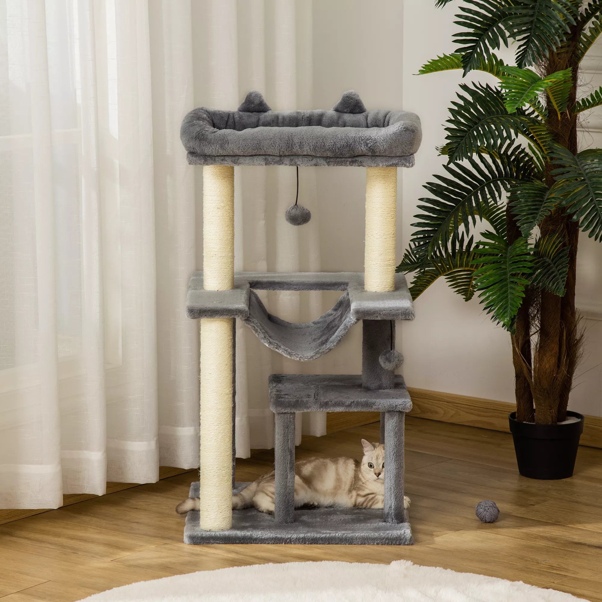 Katės medis 90 cm Kratas medis su hamaku Žaidimų medis Katės urvas Platformos Laipiojimo medis Katės kratas medis Aktyvumo kratas medis Pliušinis Sizalis Pilkas