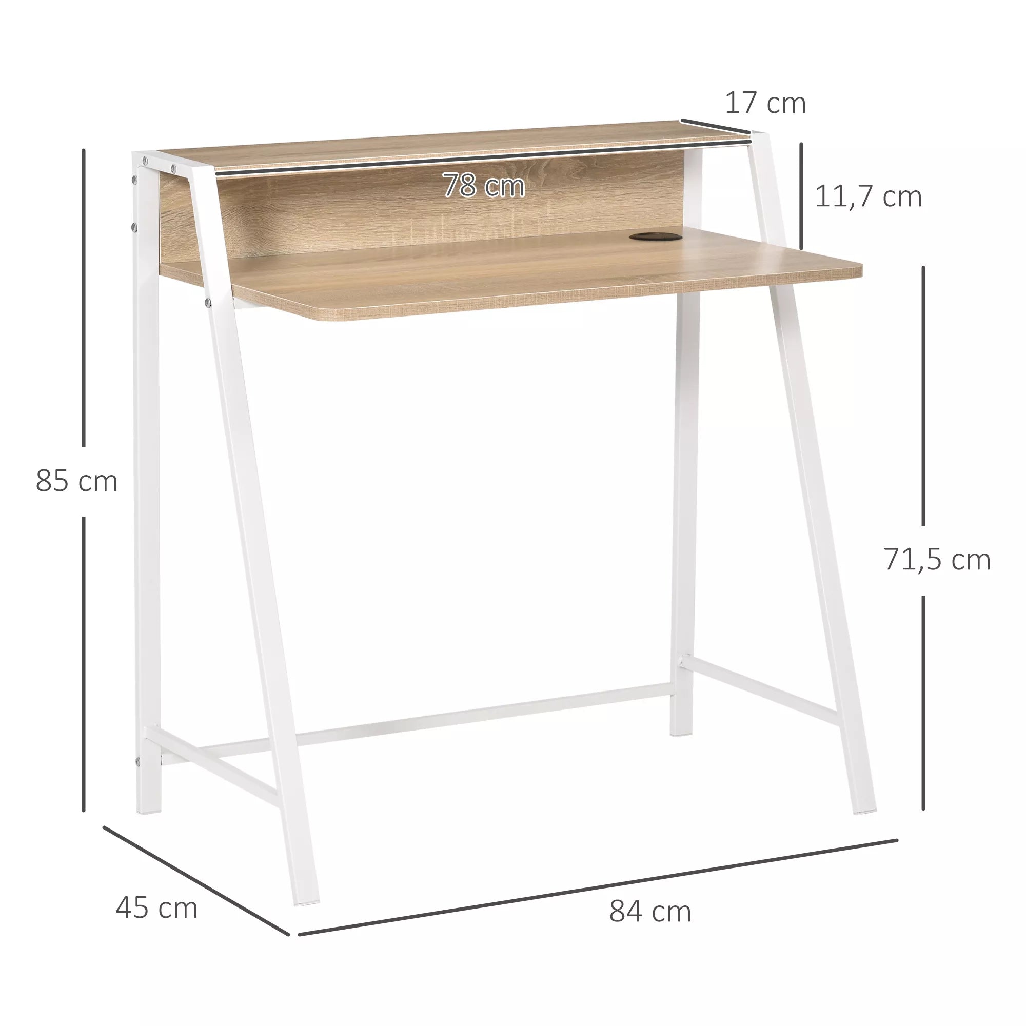 Rašomasis stalas su lentyna ir kabelių tvarkymo sistema 84x45x85 cm, baltas/ąžuolo