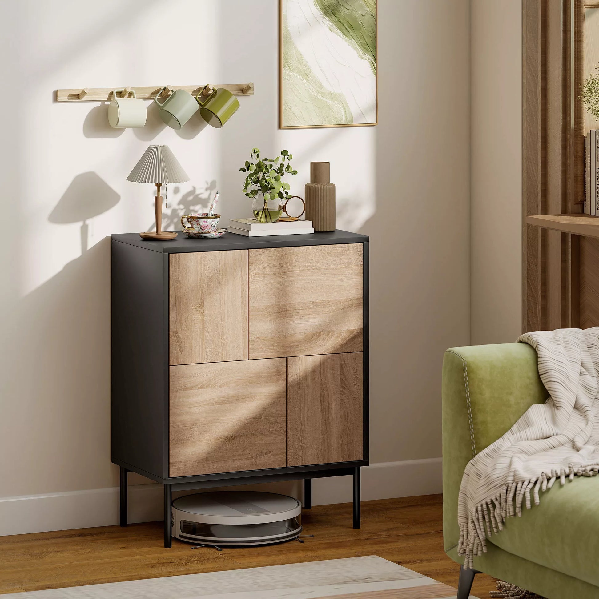 Bufetas su „Push-to-Open“ durelėmis, valgomojo spinta su metalinėmis kojomis, virtuvės spinta, MDF, juoda + natūralus medis