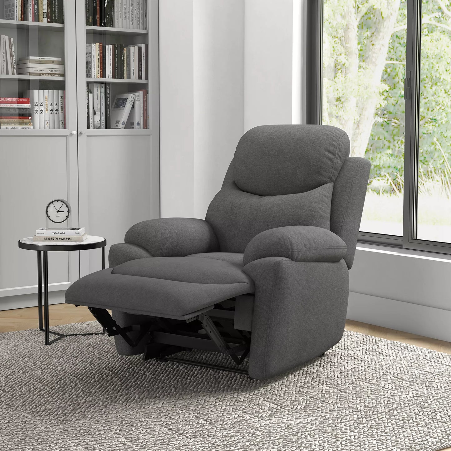 Poilsio krėslas, atlošiamas krėslas, TV krėslas, su poilsio funkcija, lininė išvaizda, 93 cm x 88 cm x 102 cm, pilkos spalvos