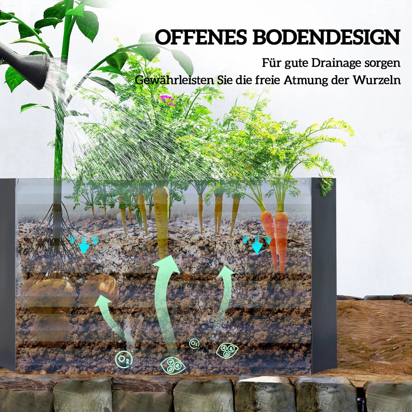 Aukštas metalinis daržo lysvė 180 x 90 x 57,5 cm gylio su atviru dugnu ir tamsiai pilkos spalvos atramine strypu