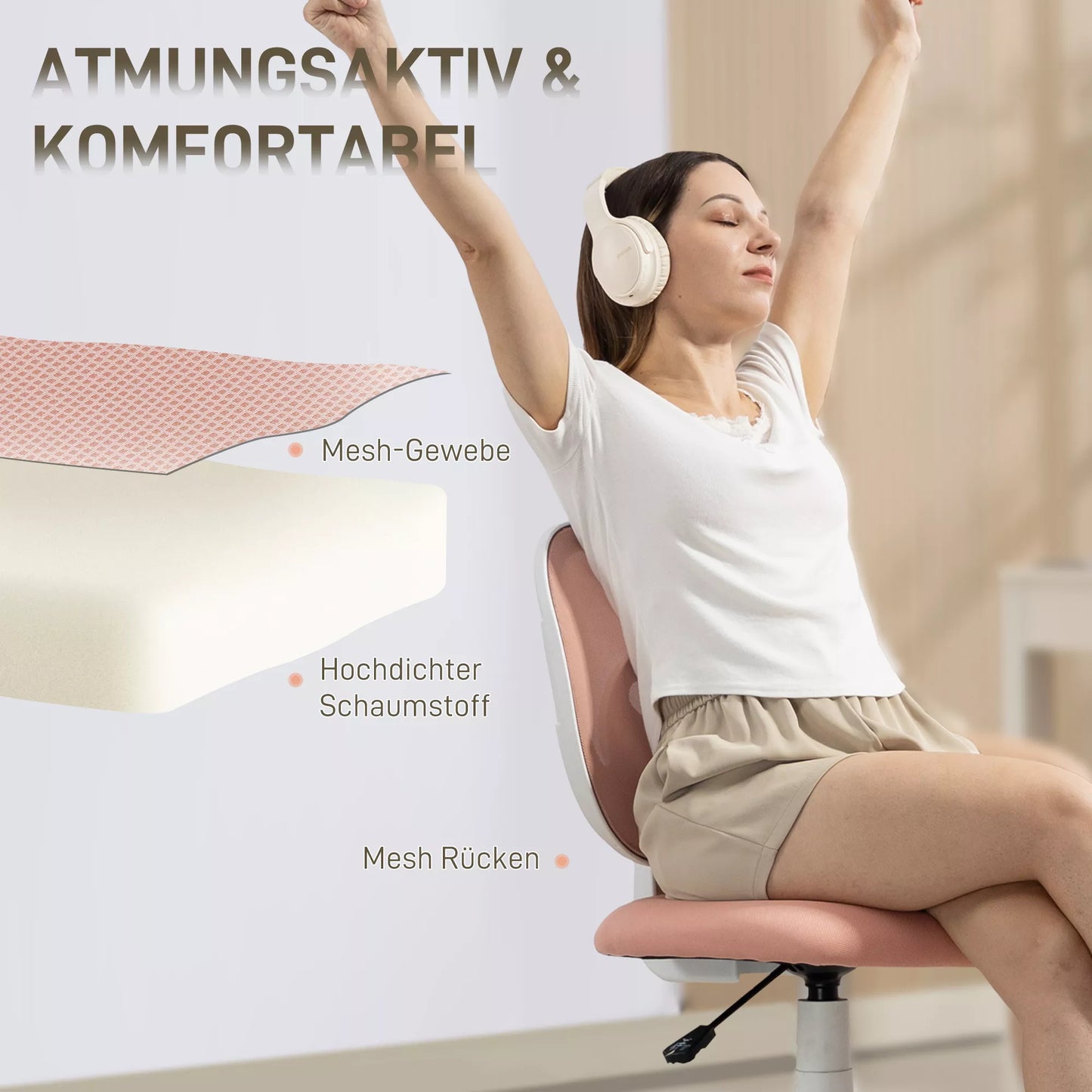 Ergonomiška biuro kėdė su C formos nugaros atrama, reguliuojamo aukščio, rožinė