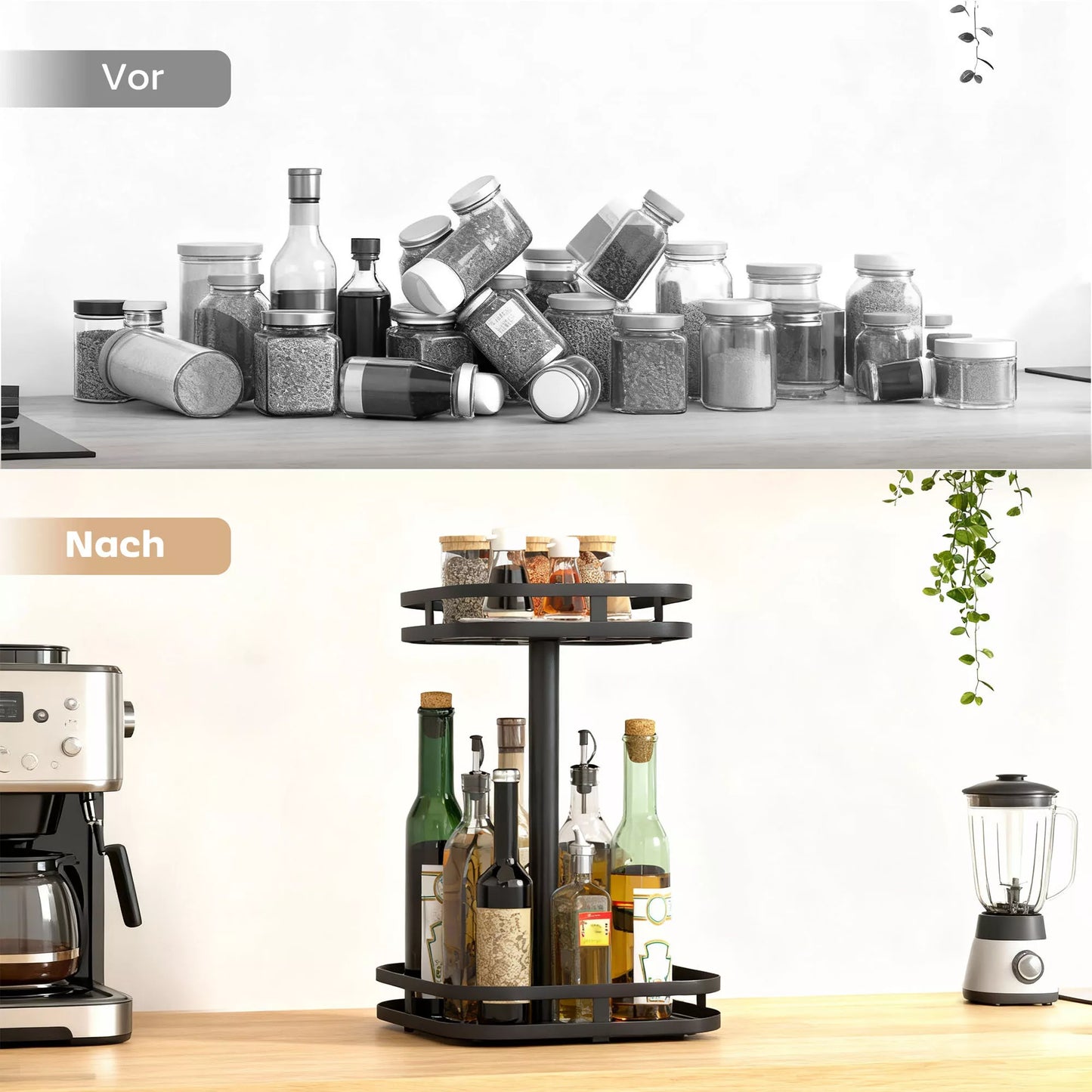 Pasukamas prieskonių stovas, 2 pakopų dizainas, siurbtuvės, metalas, juodas