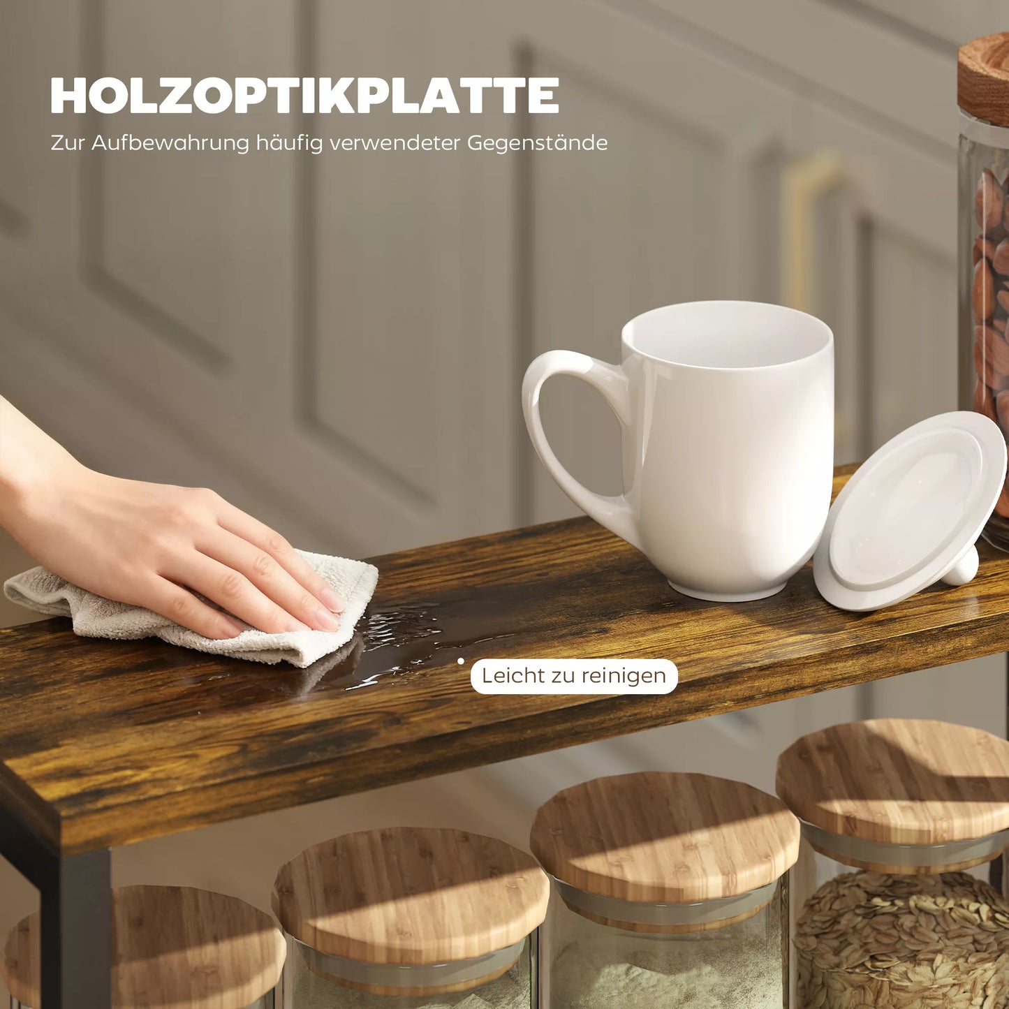 Virtuvės vežimėlis 5 lygių padėklų vežimėlis, virtuvės lentynos su darbo stalviršiu, ratukai, rankena 47 x 13 x 96,5 cm, juodos spalvos