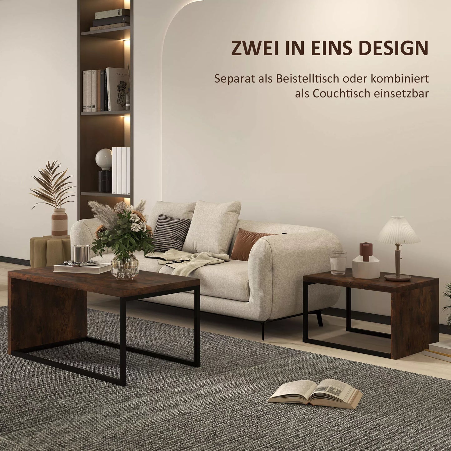 HOMCOM 2 vnt. rinkinys: kavos staliukas, pagalbinis staliukas, MDF, metalas, 90 x 48 x 42 cm/59 x 42 x 36 cm, juoda+ruda