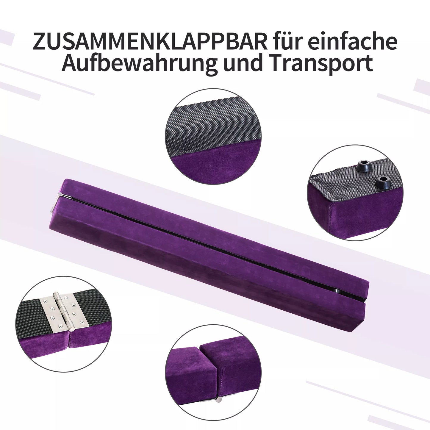 Sulankstoma balansinė sija, neslystanti, su zomšos danga, tvirtas medinis pagrindas, 210 x 10 x 6,5 cm, violetinė