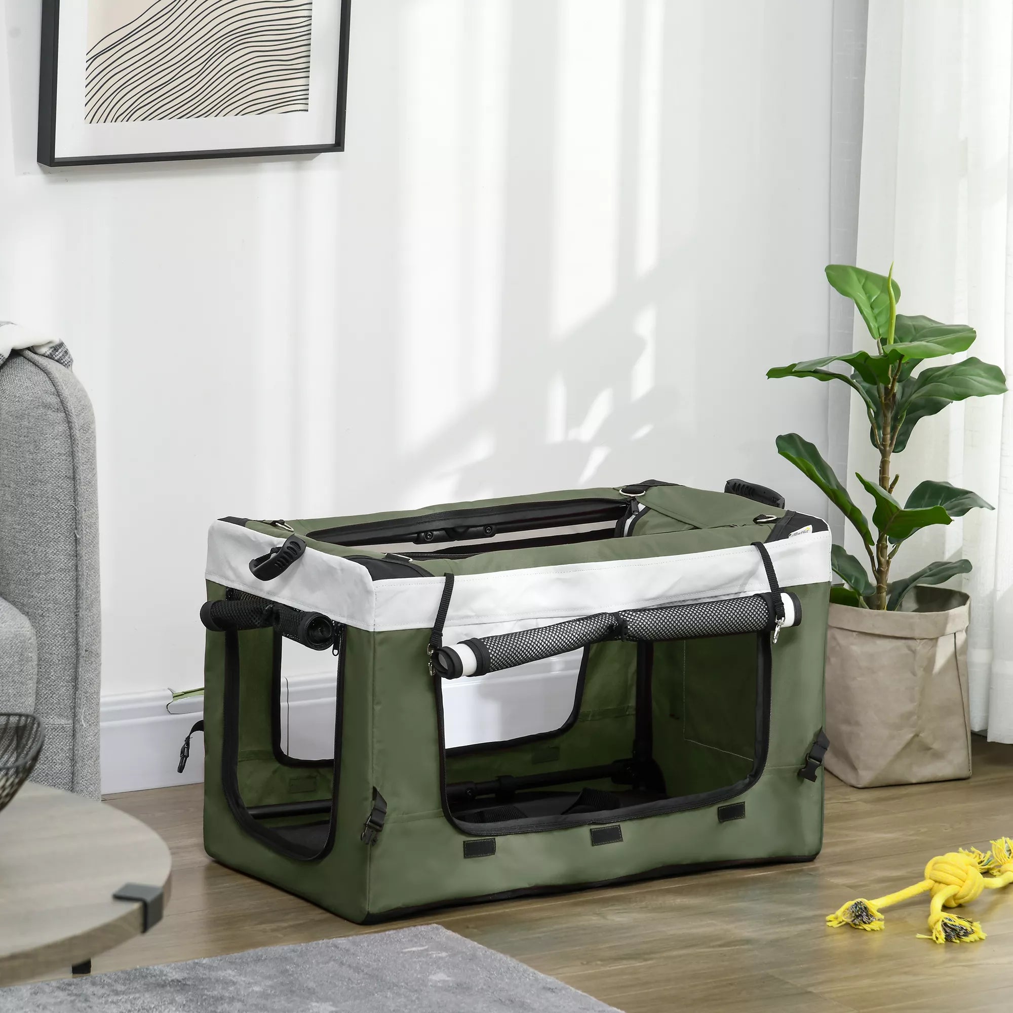 Vežimėlis augintiniams, sulankstomas, su išimamu krepšiu, iki 15 kg, tamsiai žalias