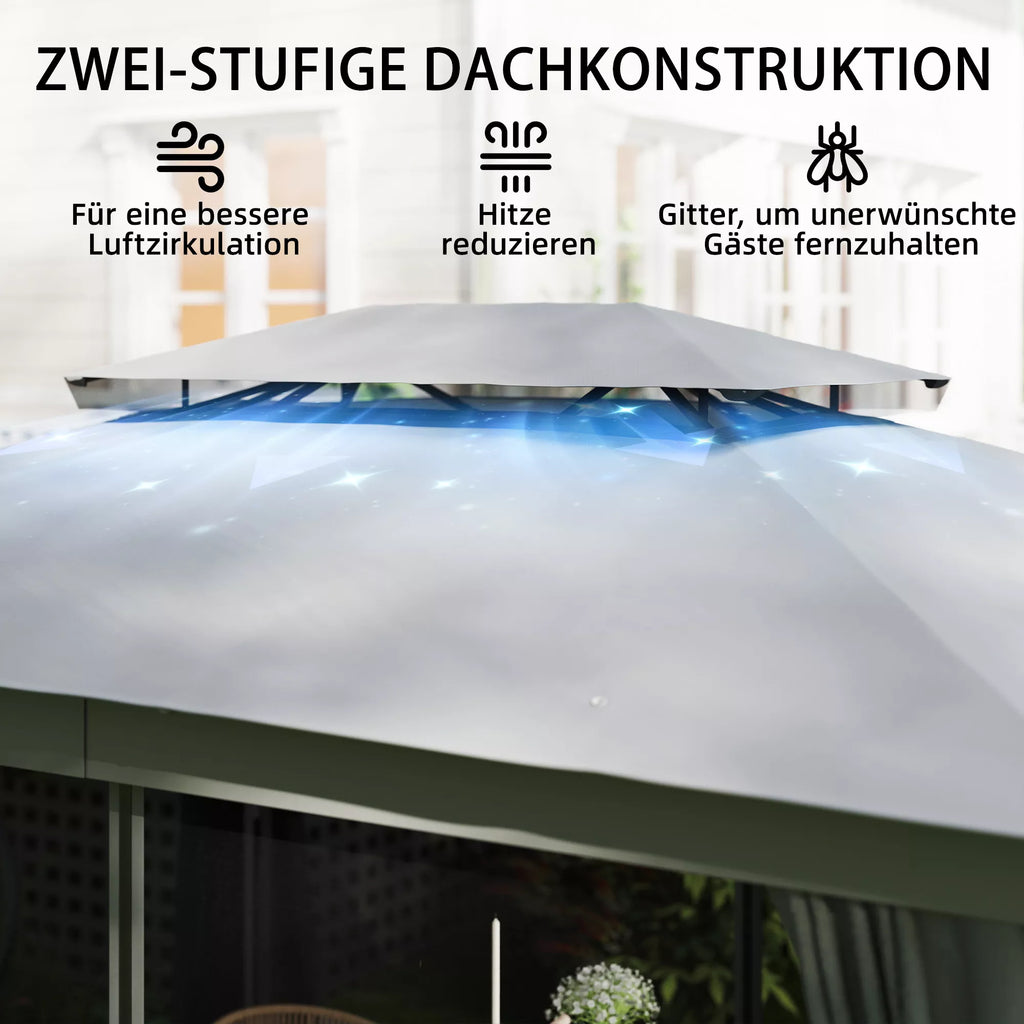 Paviljonas 3,8 x 3 m, atsparus vandeniui, stabilus, atsparus žiemai, su dvigubu stogu, užuolaidomis, moskitine tinklele, kabliais, tamsiai pilkos spalvos.
