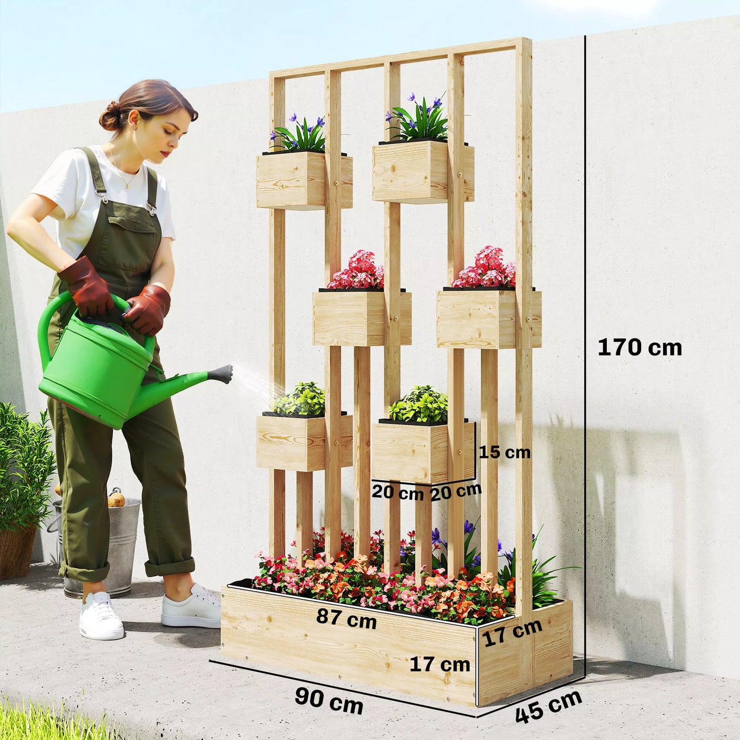 Aukštas gėlių vazonas su grotelėmis, medinis vazonas, gėlių vazonas, 90 x 45 x 170 cm