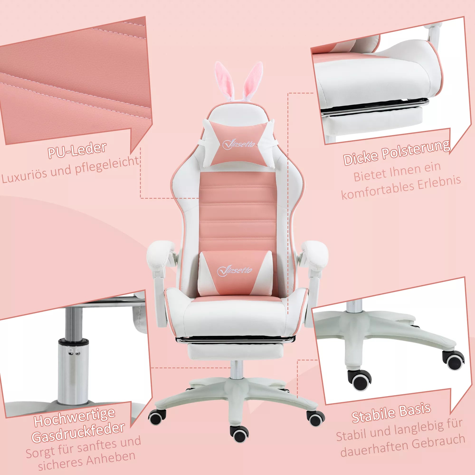 Žaidimų kėdė Ergonomiška žaidėjų kėdė su juosmens atrama, kojų atrama, triušio ausų pagalvėle, rožinė
