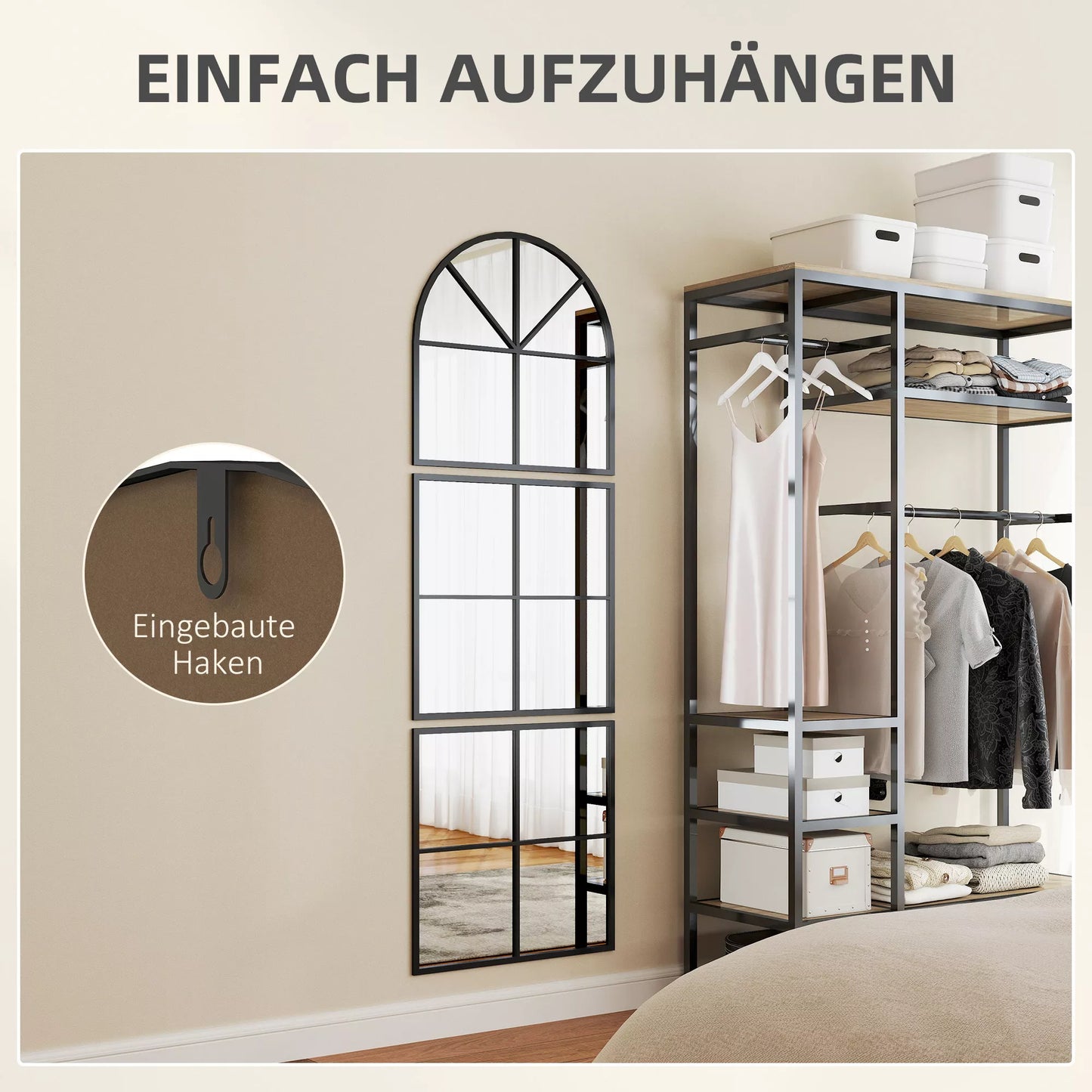 Trivietis sieninis veidrodis, lanko formos veidrodis su metaliniu rėmu, dekoratyvus 60 x 2 x 180 cm Juodas